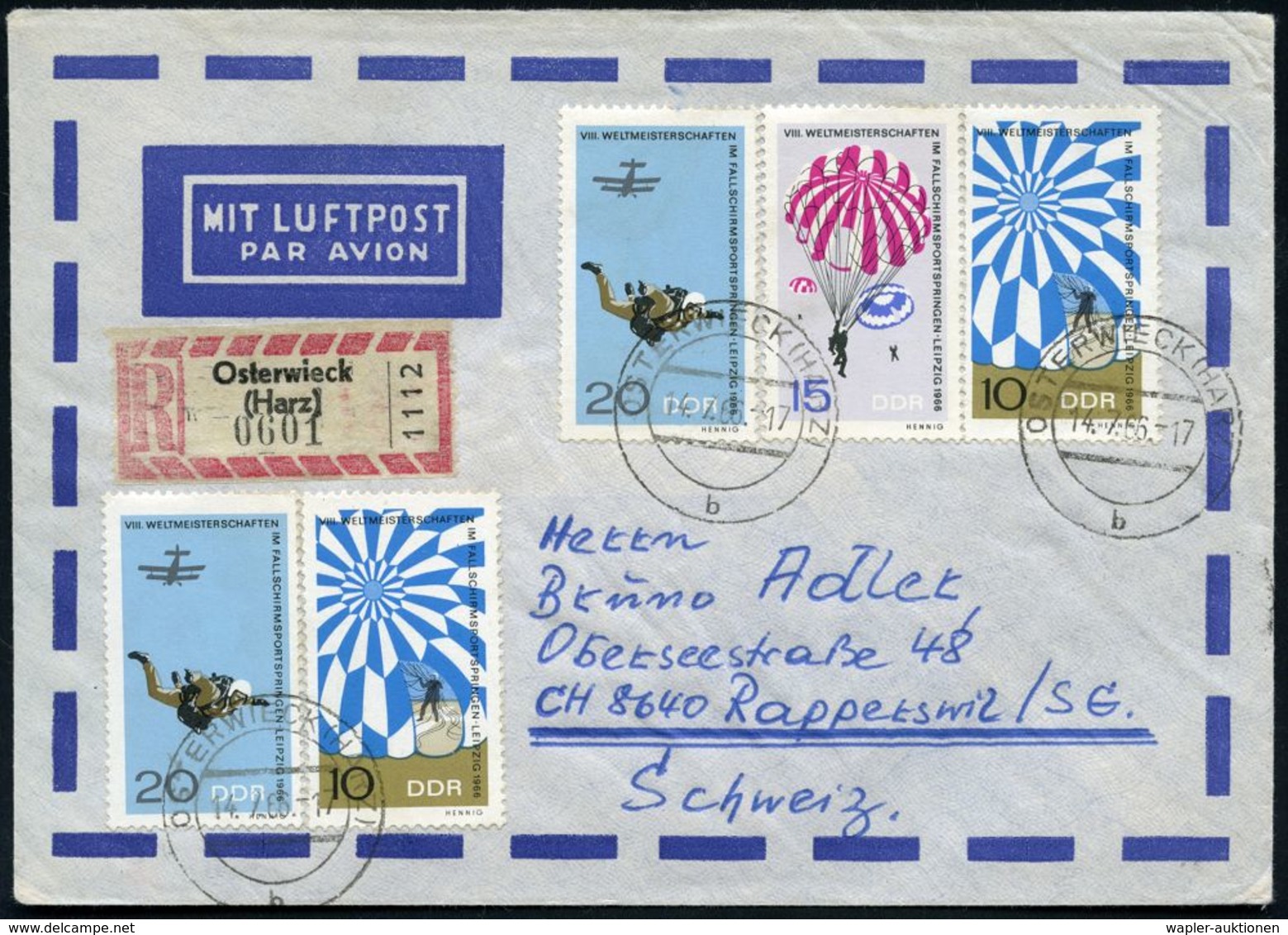 D.D.R. 1966 (14.7.) VIII. WM Im Fallschirmsportspringen, überkompl.Satz (10 U. 20 Pf. 2x) Motivreine Frankatur + RZ: Ost - Parachutespringen