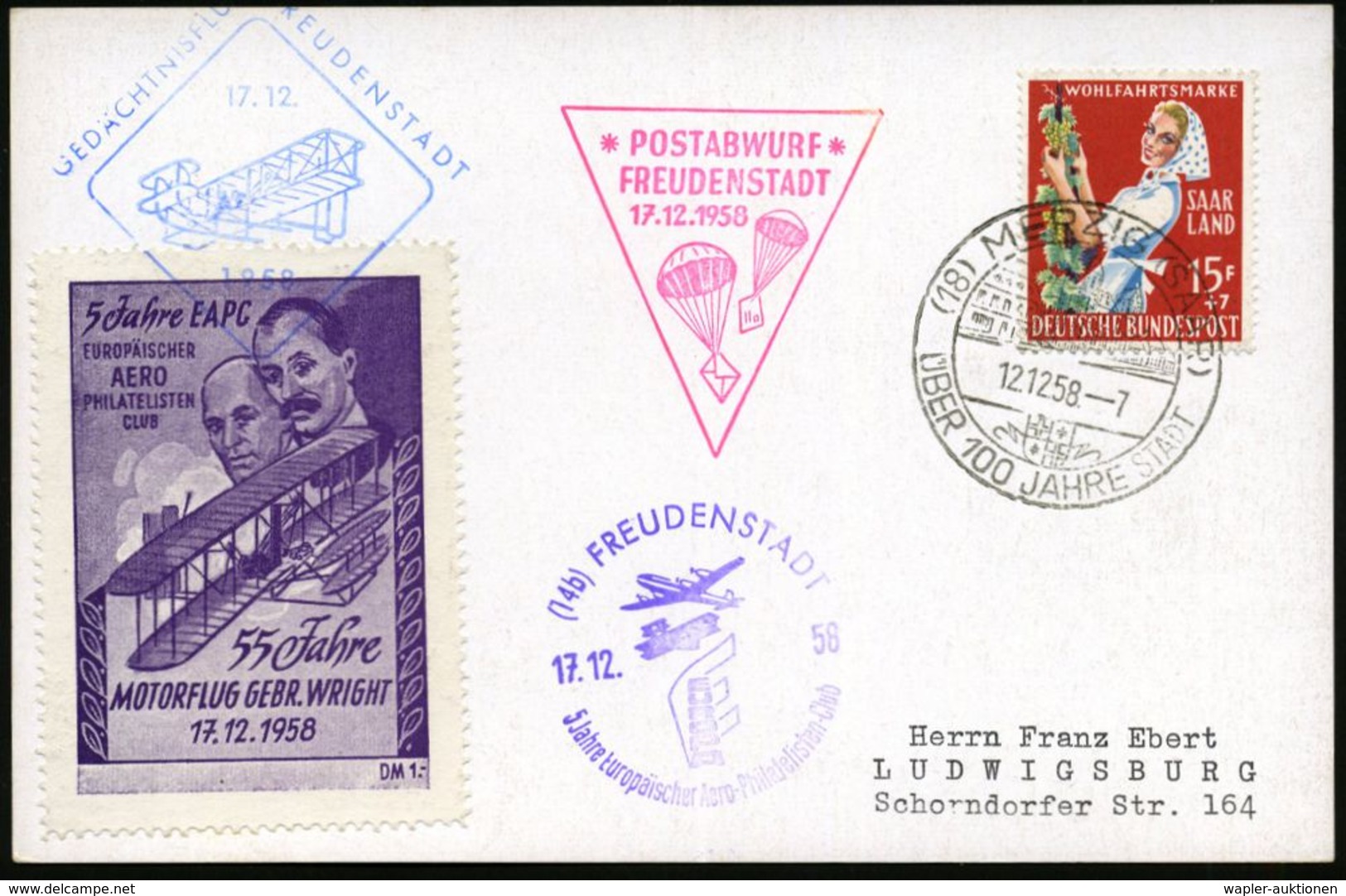 (14b) SAARLAND 1958 (17.12.) SSt: (14 B) FREUDENSTADT/5 Jahre EAPhC + HdN: Fallschirm-POSTABWURF/ FREUDENSTADT = Fallsch - Parachutisme