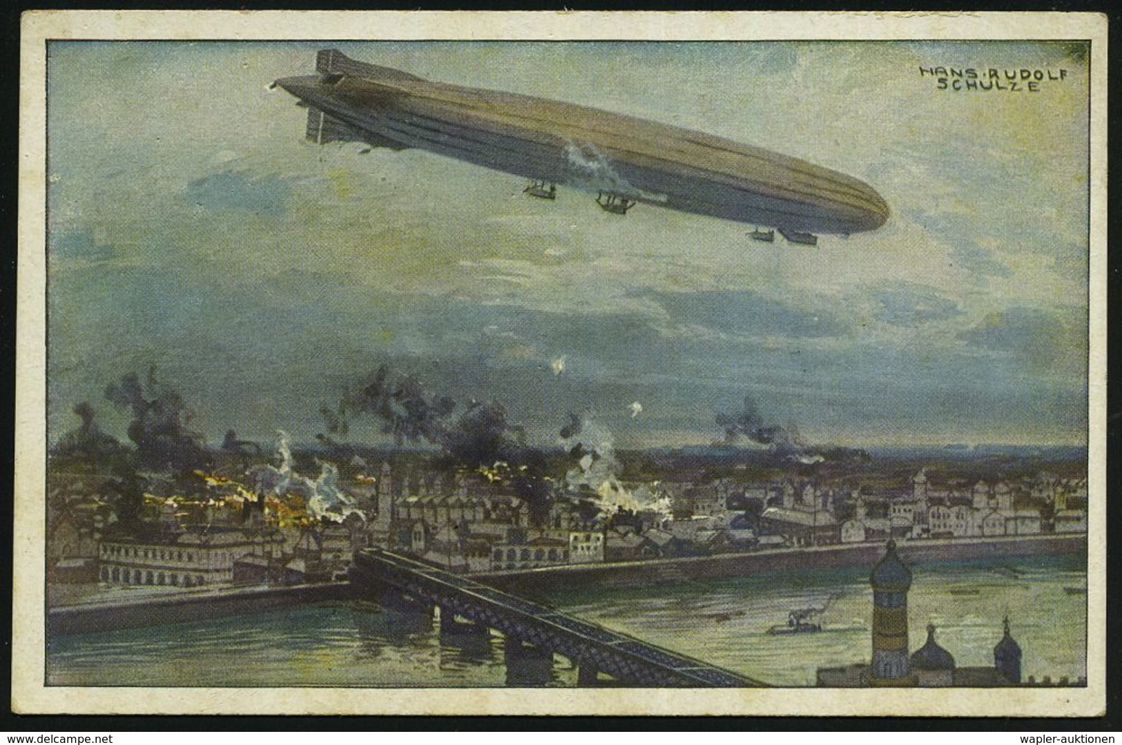 DEUTSCHES REICH 1915 Color-Künstler-Spenden-Ak.: Luftschiff "Schütte-Lanz" Warschau Bombardierend, Sign. HANS RUDOLF SCH - Zeppelin