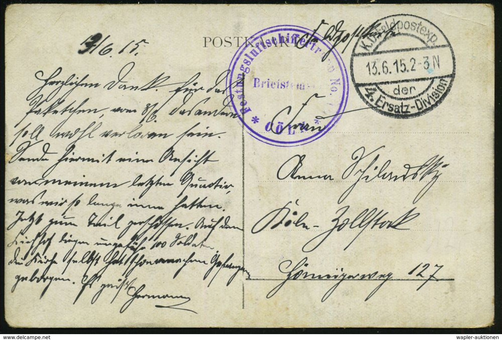 DT.BES.BELGIEN 1915 (13.6.) 1K-SBrücke: K. D. Feldpostexp./der/4. Ersatz-Division (Nr.1335) + Viol. 2K-HdN: Festungs-luf - Zeppelins