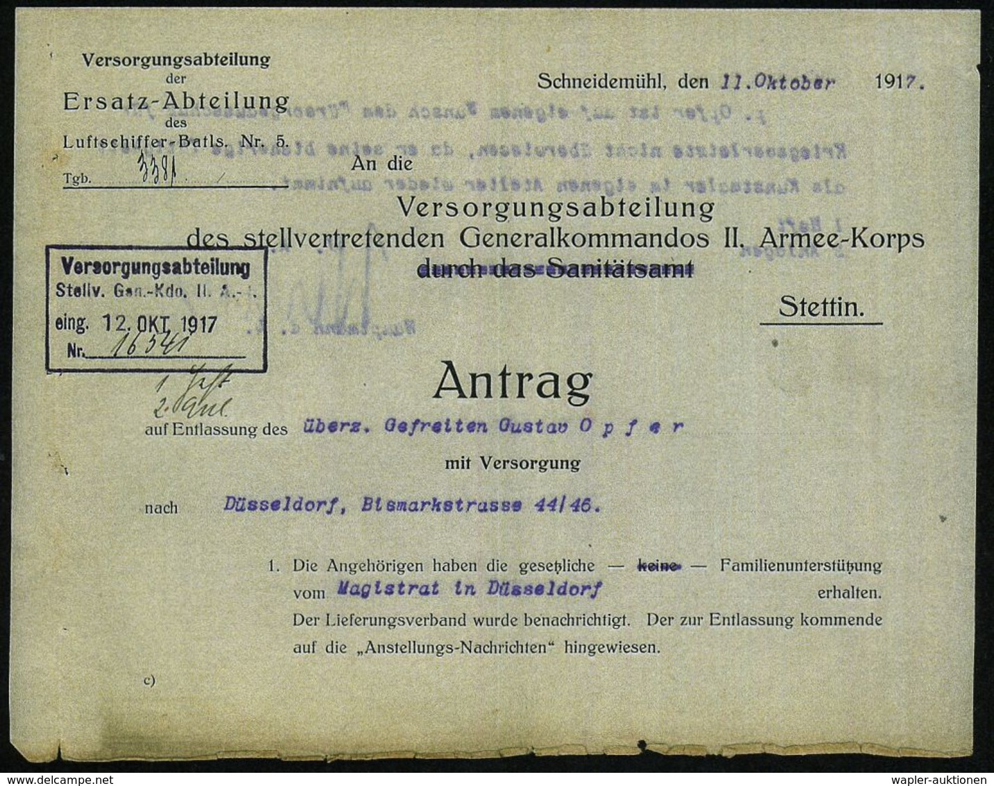 Schneidemühl /  Stettin 1917 Dokumentation: Versorgungs-Ersatz-Abteilung Luftschiffer-Batl. Nr.5 über Die Krankenlage U. - Zeppelin