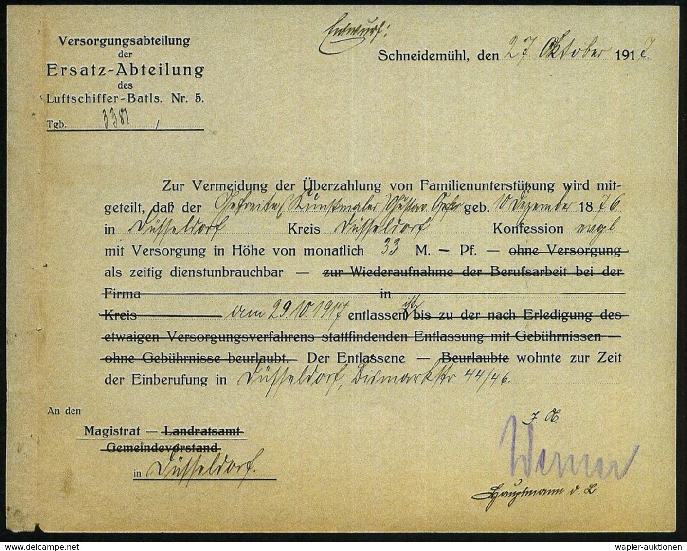 Schneidemühl /  Stettin 1917 Dokumentation: Versorgungs-Ersatz-Abteilung Luftschiffer-Batl. Nr.5 über Die Krankenlage U. - Zeppelins