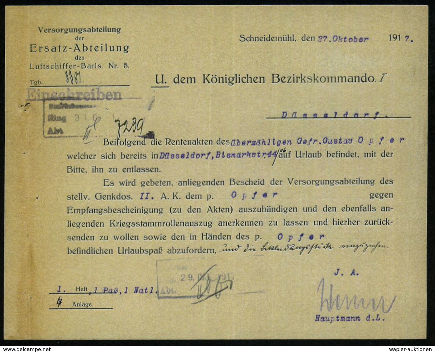 Schneidemühl /  Stettin 1917 Dokumentation: Versorgungs-Ersatz-Abteilung Luftschiffer-Batl. Nr.5 über Die Krankenlage U. - Zeppelins