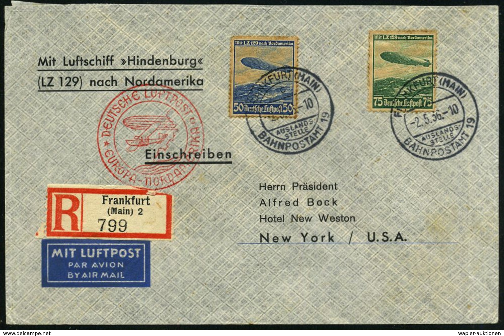 FRANKFURT (MAIN)/ C/ AUSLANDS-/ STELLE/ BAHNPOSTAMT 19 1936 (3.5.) 2K-Steg Auf Kompl. Zepp.-Satz + 40 Pf. "10 Jahre DLH" - Zeppelins