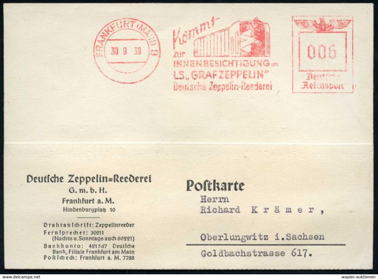 FRANKFURT (MAIN) 9/ Kommt/ Zur/ INNENBESICHTIGUNG DES/ LS. "GRAF ZEPPELIN"/ Deutsche Zeppelin-Reederei 1938 (30.9.) Selt - Zeppelins
