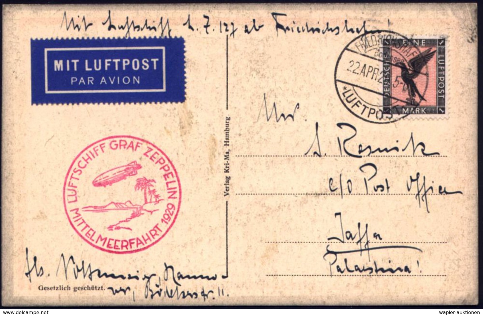 FRIEDRICHSHAFEN/ (Bodensee)/ *LUFTPOST* 1929 (22.4.) 1K-Brücke Auf EF 1 Mk. Adler (Mi.382/EF, + 32.-EUR) Viol. Zepp-1K-H - Zeppelines