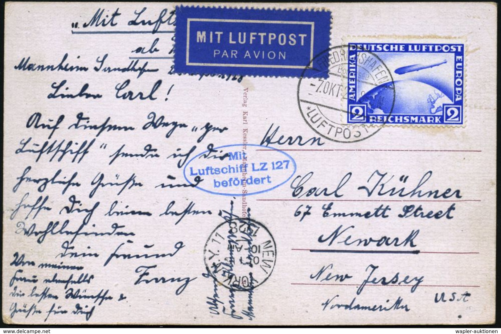 FRIEDRICHSHAFEN/ LUFTPOST 1928 (7.10.) 1K-Brücke Auf EF 2 Mk. Zeppelin, Blau (Mi.423 EF + 120.- EUR) + Bl. Oval-HdN: Mit - Zeppelins