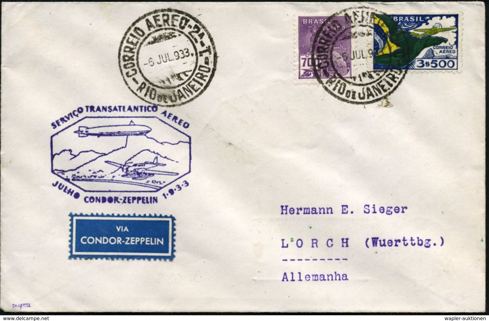 BRASILIEN 1933 (6.7.) 3. SA-Rückfahrt LZ 127: Rio - Friedrichshafen, Rs. Grüner Zepp-MWSt , Flp. 3.500 Rs. U.a., Viol. Z - Zeppelins