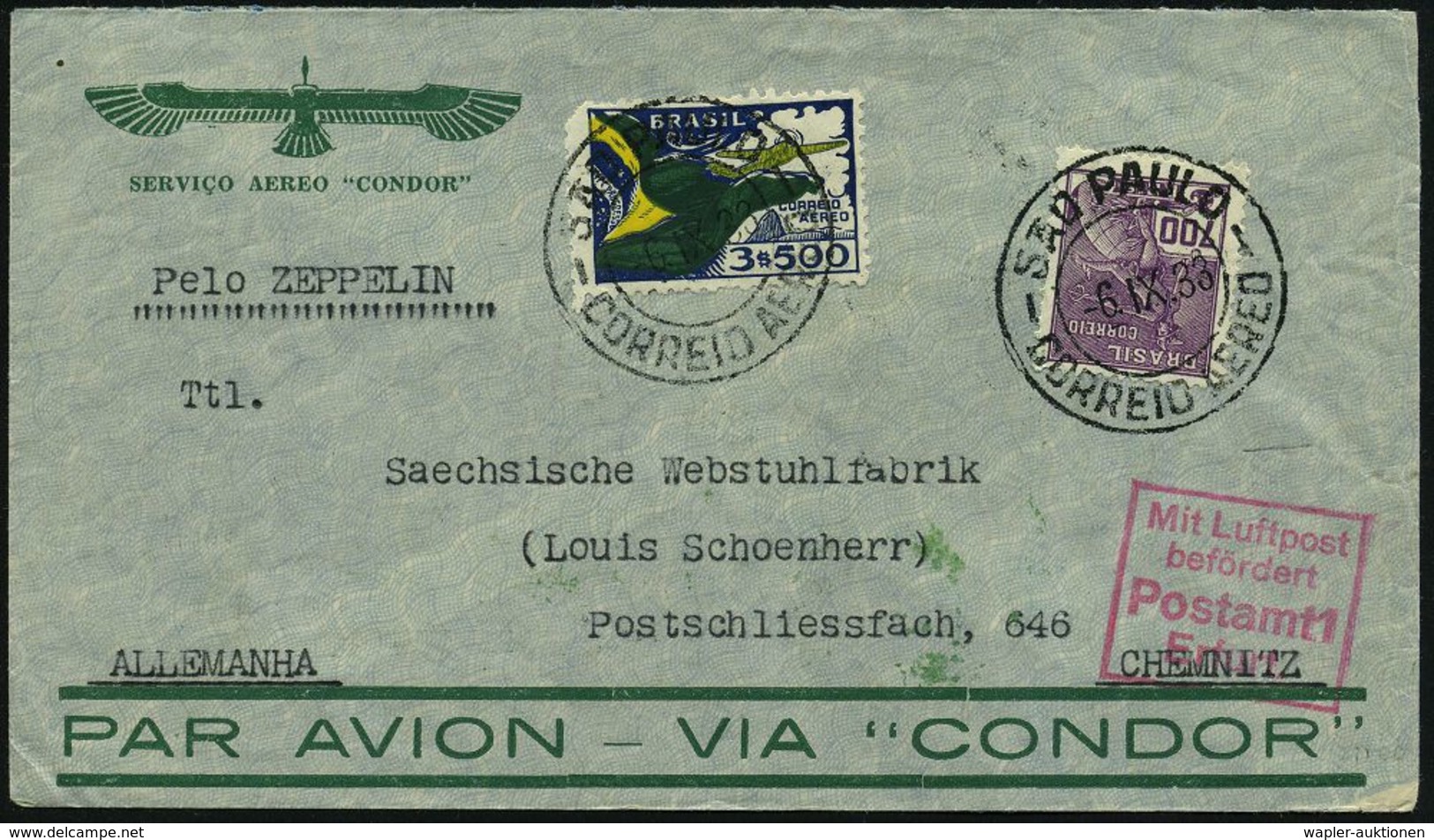 BRASILIEN 1933 (6.9.) 6. SA-Rückfahrt LZ 127, Flp.-Frankatur, 2x 2K: SAO PAULO/CORREO AEREO Condor-SU. + Rs. Grüner Zepp - Zeppelines