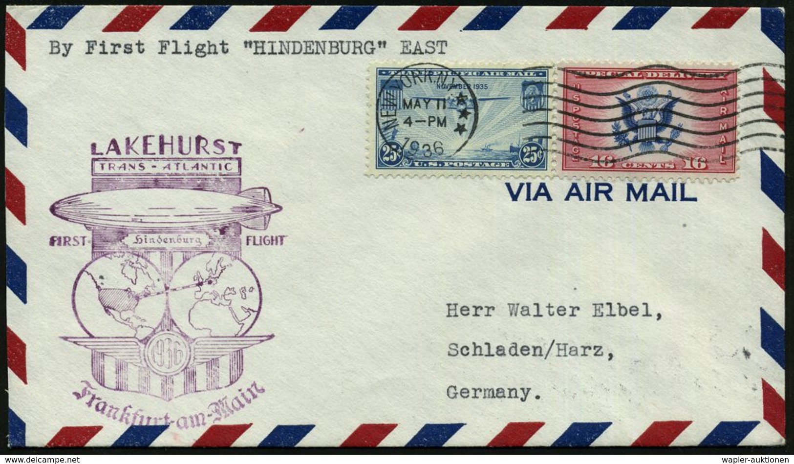 U.S.A. 1936 (Mai) 1. NA-Rückfahrt Lakehurst - Frankfurt/Main (Zepp.-Ma.-AS Ty.III) US.-Luftpost-Franktatur + Viol. "Hind - Zeppelins