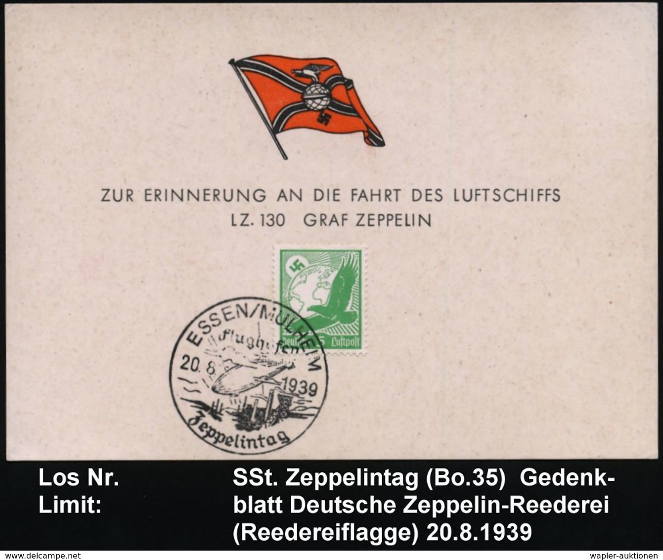 ESSEN-MÜLHEIM/ Flughafen/ Zeppelintag 1939 (20.8.) SSt = Zeppelin (über Zeche U. Förderturm) Auf Gedenkblatt LZ.130  (Bo - Zeppelin