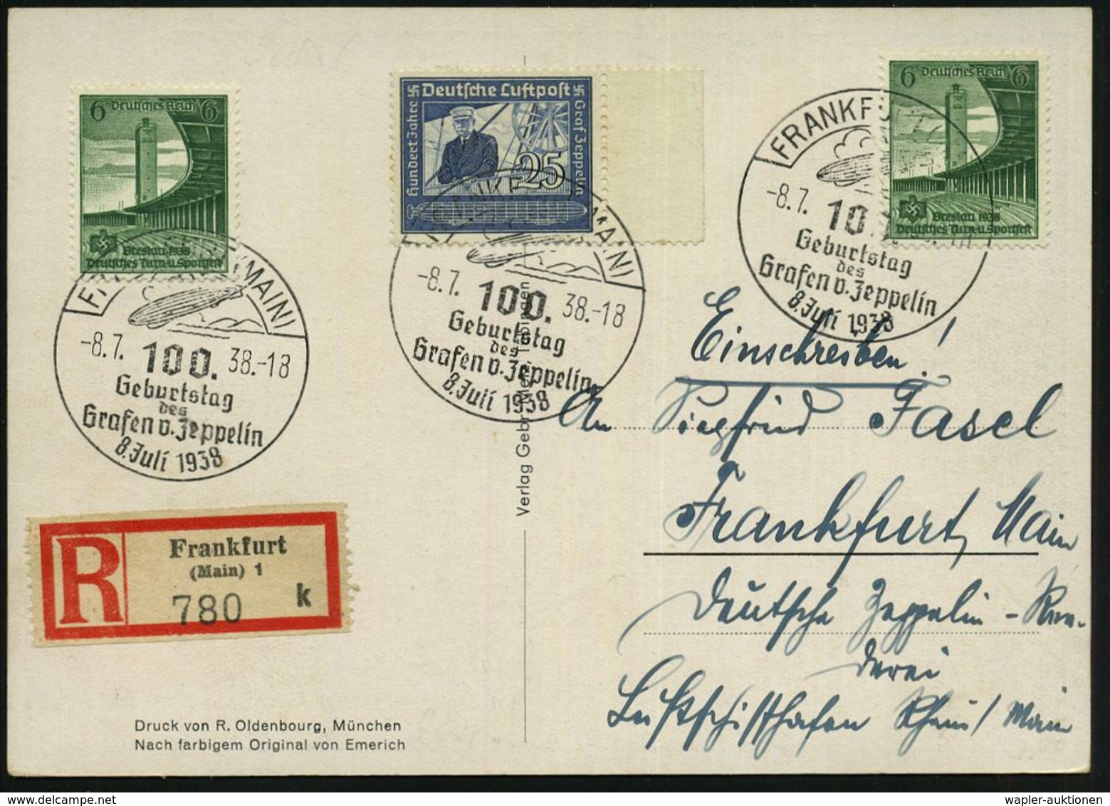 FRANKFURT (MAIN)/ 100./ Geburtstag/ Des/ Grafen V.Zeppelin 1938 (8.7.) SSt = Zeppelin 3x (oben Etw. Undeutl.) Auf 25 Pf. - Zeppeline