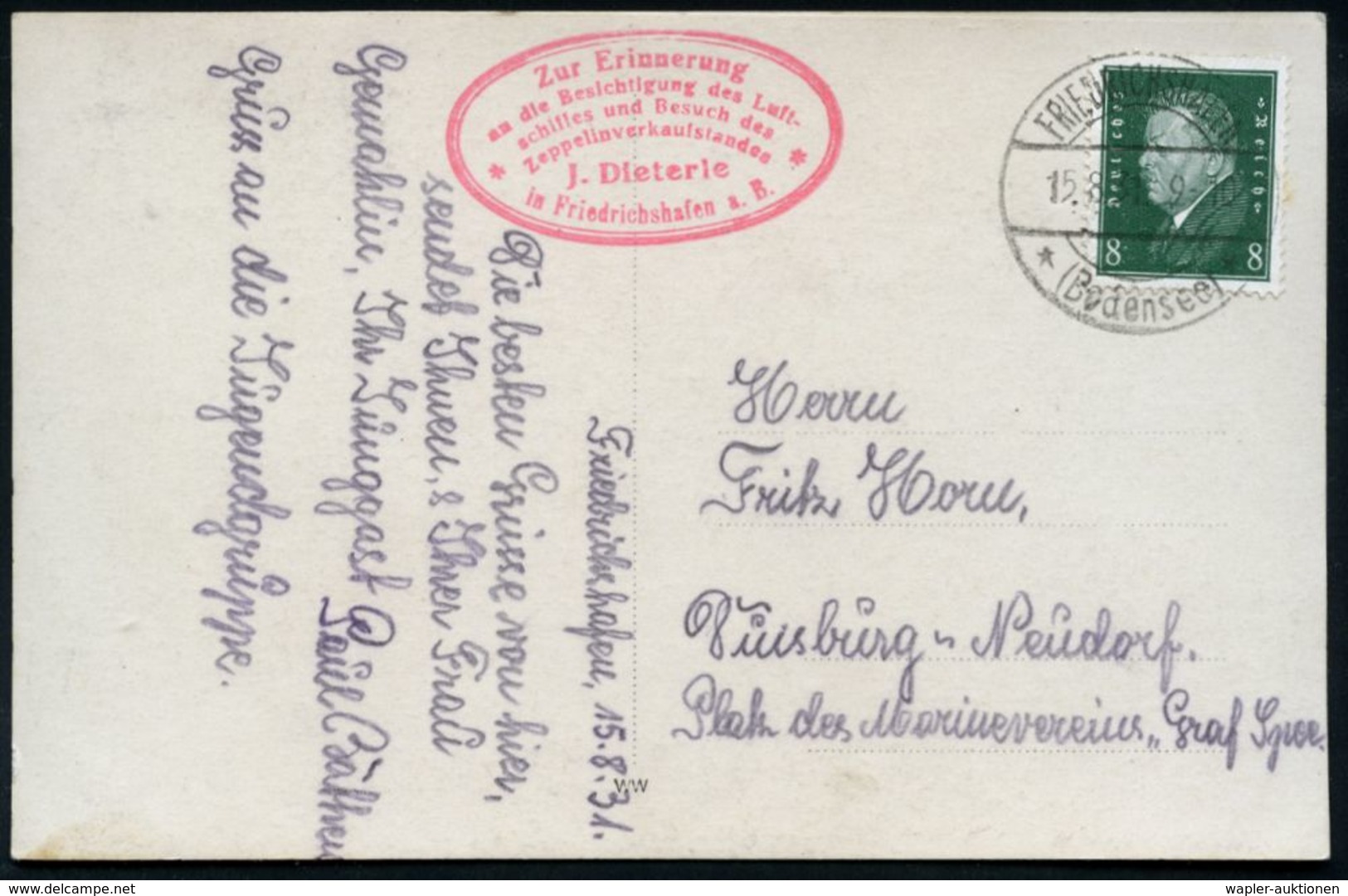 FRIEDRICHSHAFEN/ *(Bodensee)b 1931 (15.8.) 1K-rücke + Roter Oval-HdN: Zur Erinnerung/an Die Besichtigung Des Luft-/schif - Zeppelins