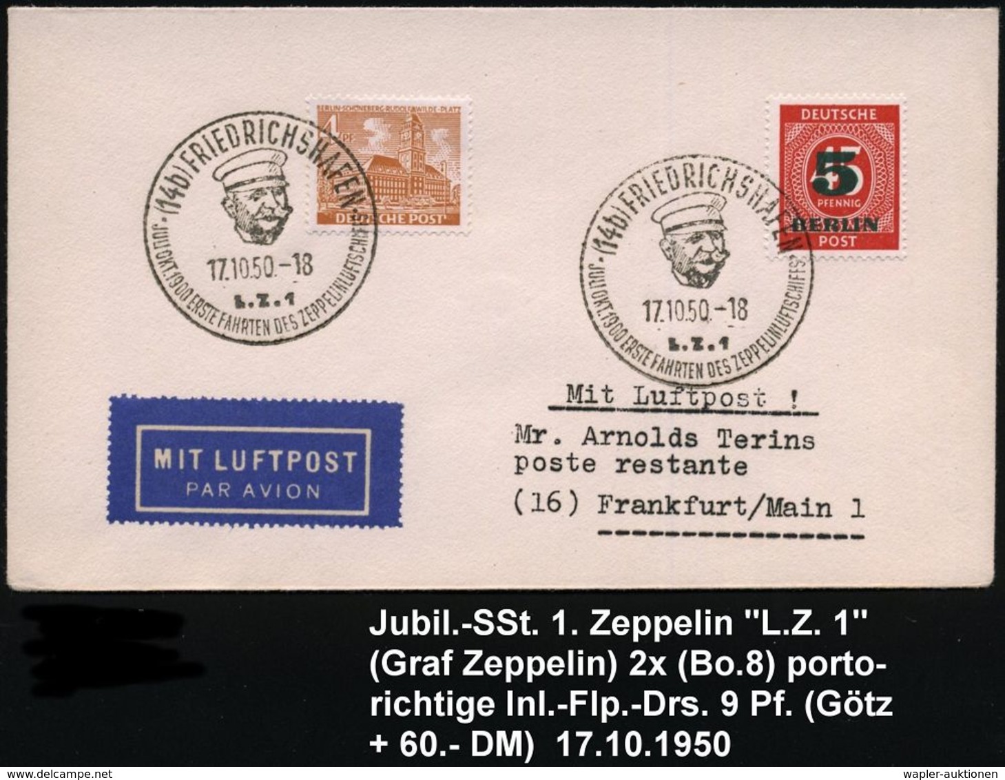 (14b) FRIEDRICHSHAFEN/ L.Z.1/ ..1900 ERSTE FAHRTEN DES ZEPPELINLUFTSCHIFFES 1950 (17.10.) SSt = Graf Zeppelin (Kopfbild  - Zeppelins