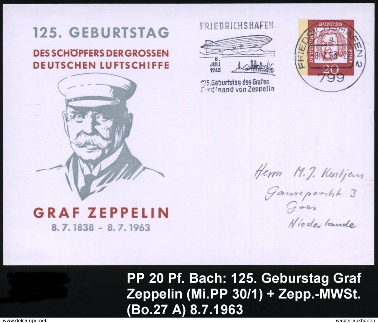 799 FRIEDRICHSHAFEN 2/ A/ ..125.Geburtstag Des Grafen/ Ferd.von Zeppelin 1963 (8.7.) MWSt = Zeppelin (Bo.27 A) Auf PP 20 - Zeppelins