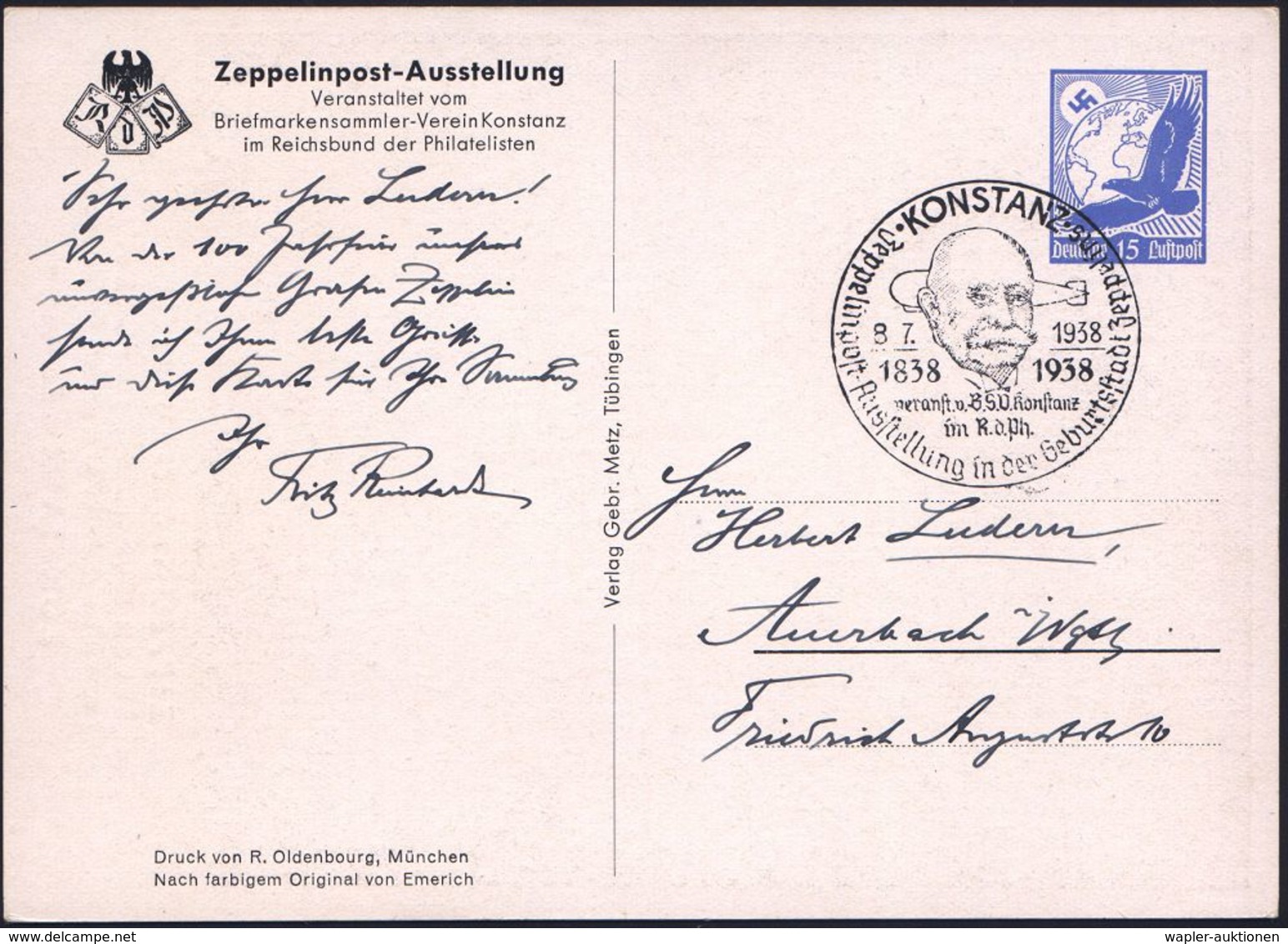 KONSTANZ/ Zeppelinpost-Ausstellung... 1938 (8.7.) SSt = Zeppelin Vor Zeppelin-Luftschiff Auf PP 15 Pf.Adler, Blau: 100.  - Zeppelins