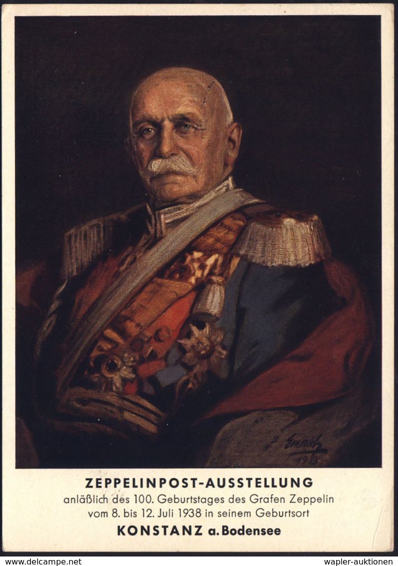 KONSTANZ/ Zeppelinpost-Ausstellung... 1938 (8.7.) SSt = Zeppelin Vor Zeppelin-Luftschiff Auf PP 15 Pf.Adler, Blau: 100.  - Zeppelins