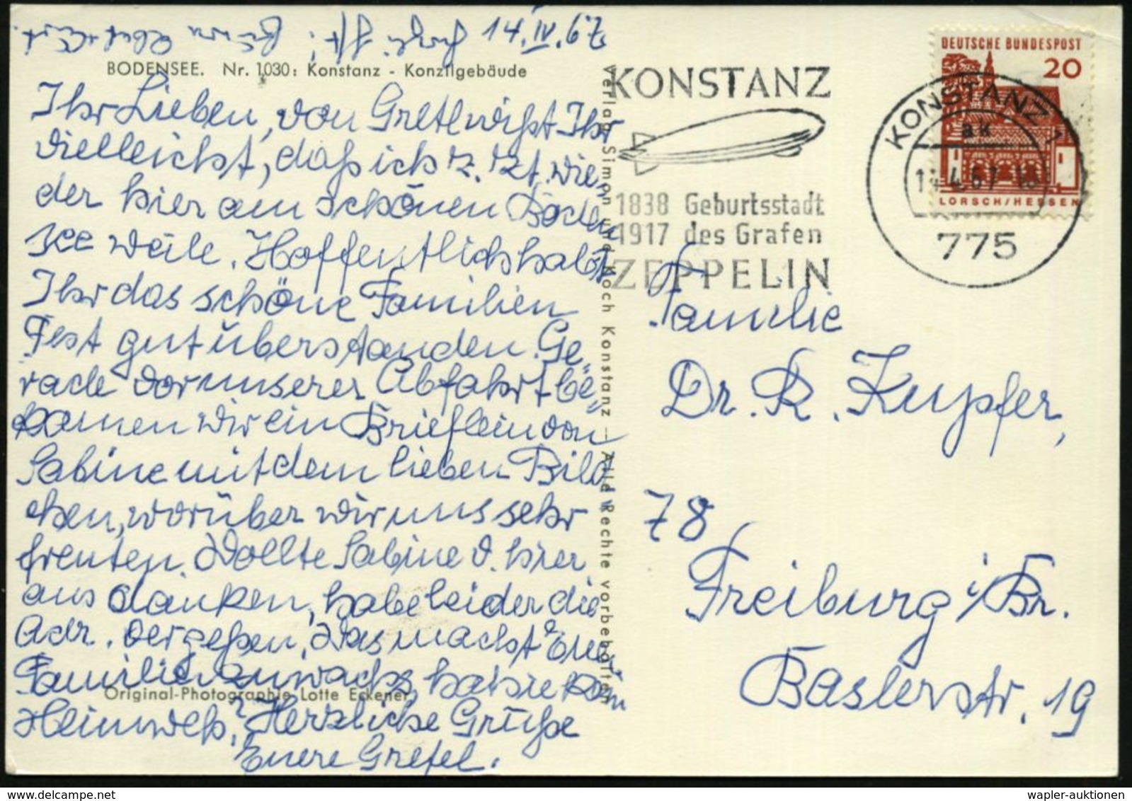 775 KONSTANZ 1/ Ak/ 1838 Geburtsstadt/ 1917 Des Grafen/ ZEPPELIN 1967 (14.4.) MWSt = Zeppelin , Klar Gest. Bedarfs-Ak. ( - Zeppeline