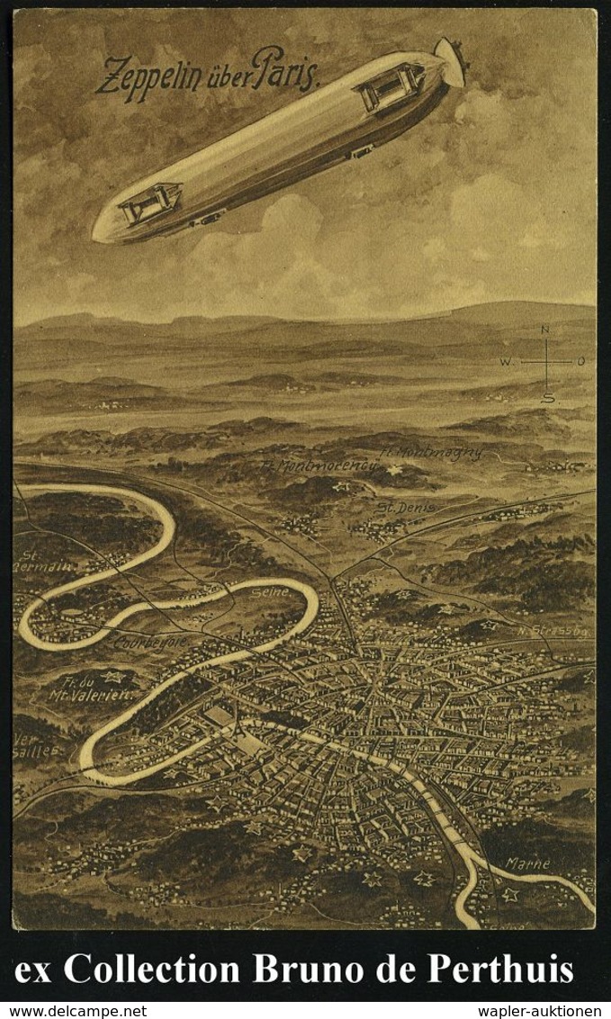 LEIPZIG-/ LINDENAU/ *n 1914 (11.10.) 1K-Segm. Auf Monochromer Künstler-Propaganda-Ak.: Zeppelin über Paris (mit Eiffeltu - Zeppelin