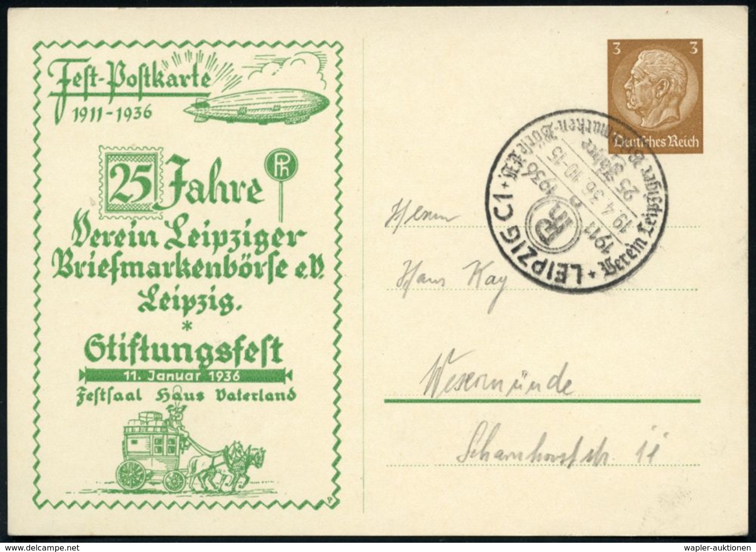 Leipzig C1 1936 (19.4.) PP 3 Pf. Hindenbg., Braun: ... 25 Jahre Verein Leipziger Briefm.-Börse.. = Zeppelin (u. Postkuts - Zeppelin