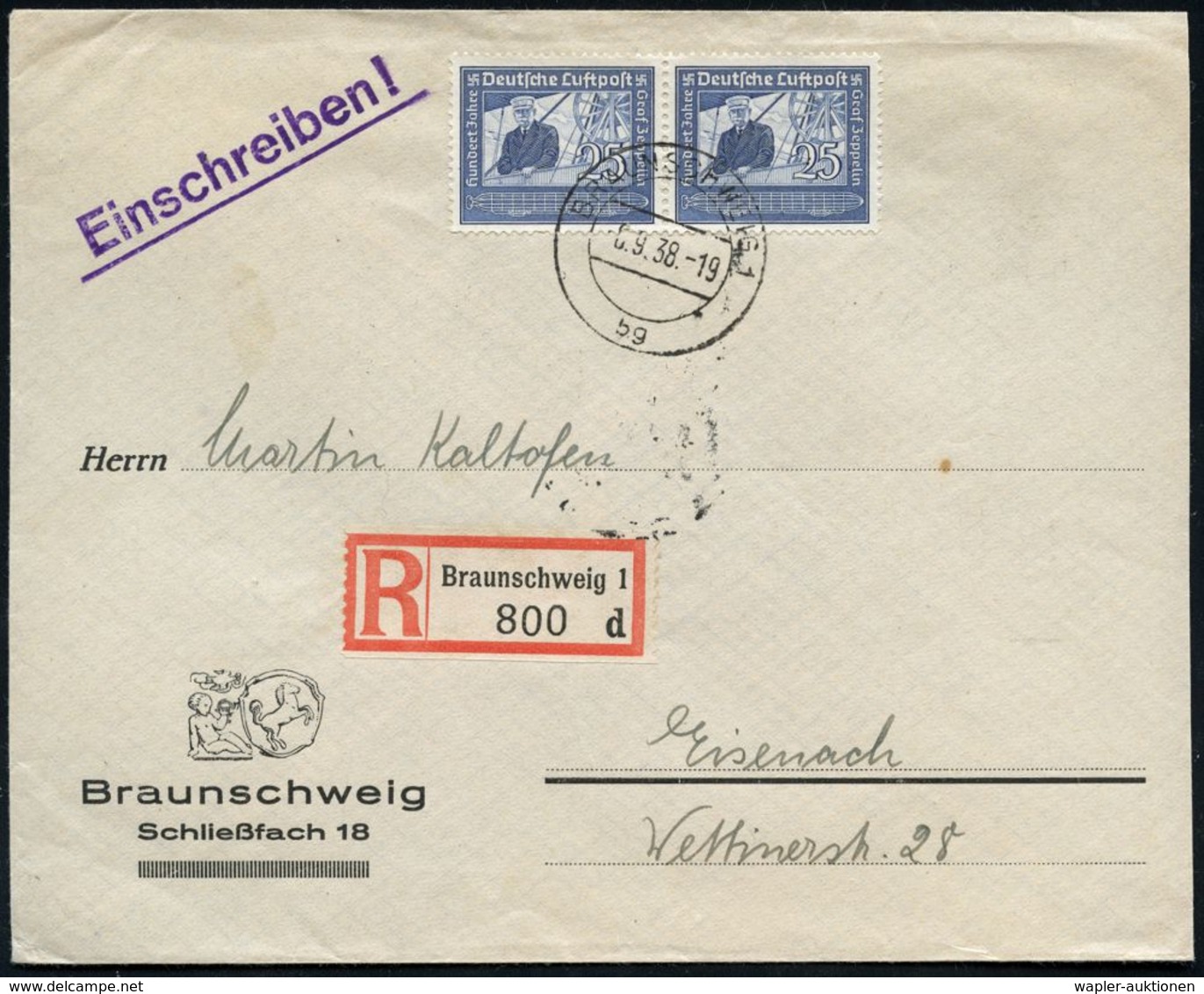 DEUTSCHES REICH 1938 (6.9.) 25 Pf. "100. Geburtstag Graf V.Zeppelin", Reine MeF: Paar Klar Gest. + RZ: BRAUNSCHWEIG 1/d, - Zeppelin