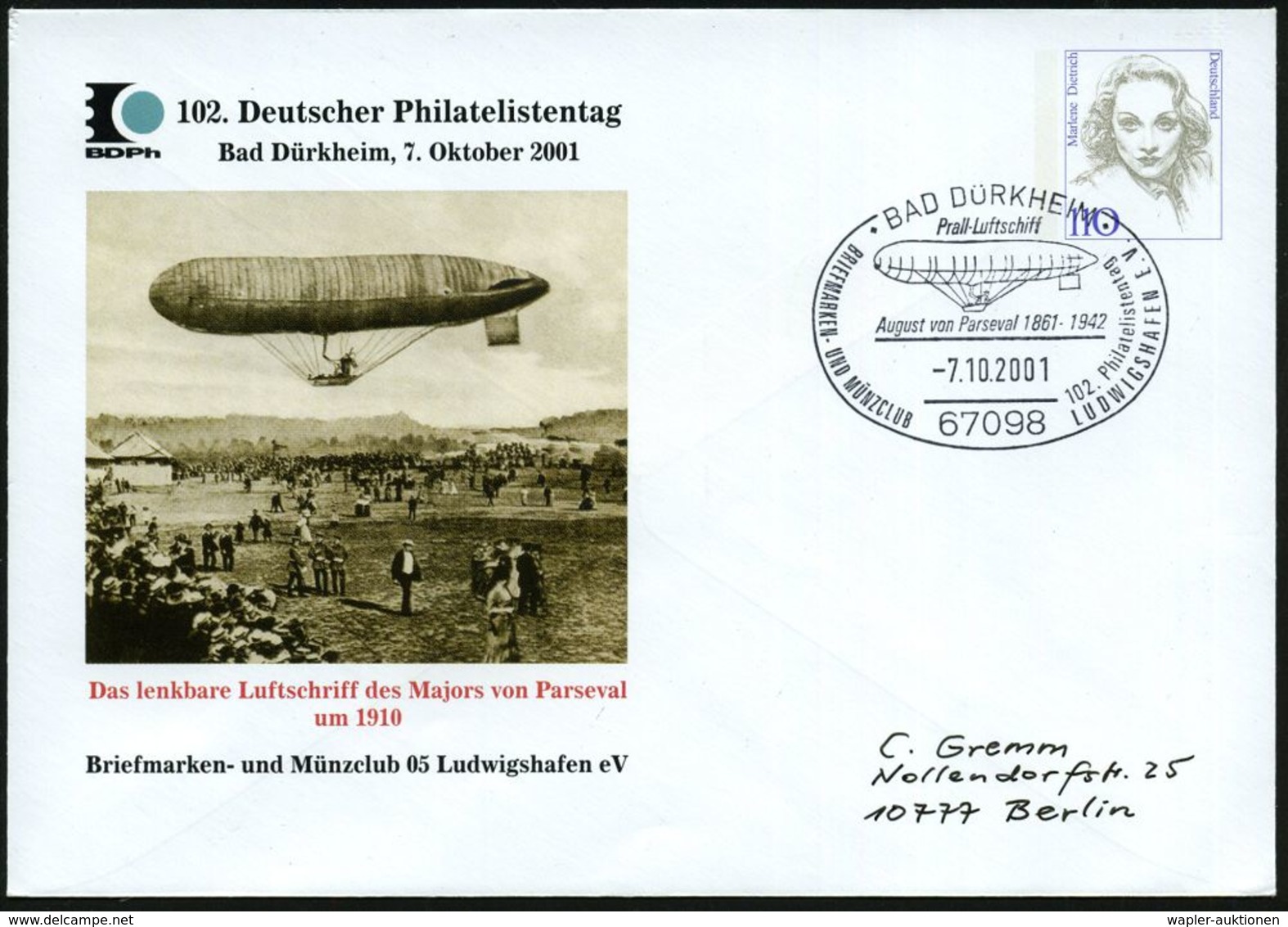67098 BAD DÜRKHEIM/ Prall-Luftschiff/ August V.Parseval.. 2001 (7.10.) SSt = Parseval-Luftschiff, Motivgl. PU 110 Pf. Di - Zeppelin