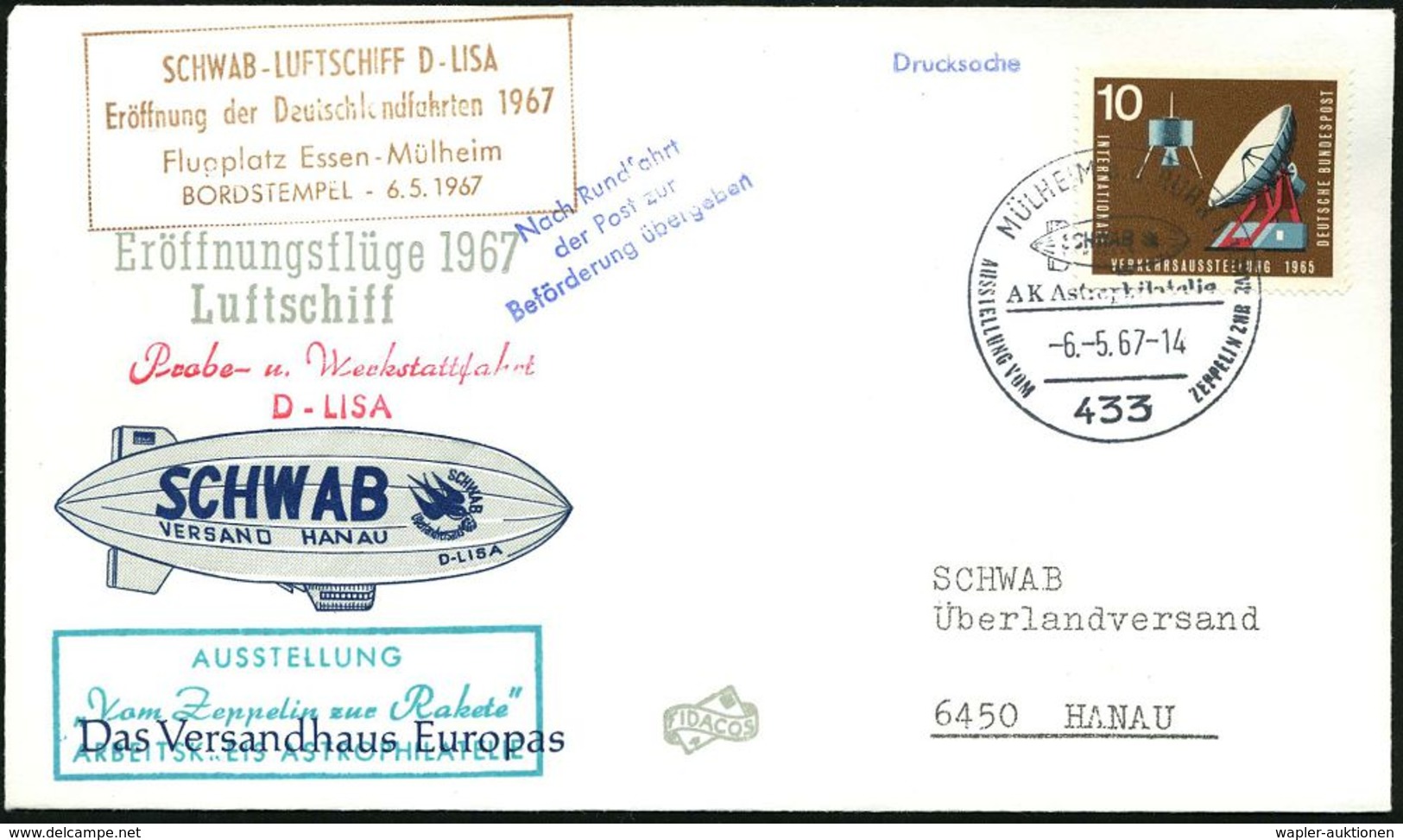 433 Mühlheim A.d.RUHR 1/ ..AUSSTELLUNG VOM ZEPPELIN ZUR RAKETE 1967 (6.5.) SSt = "Schwab"-Luftschiff (Blimp) + Roter 2L: - Zeppelins