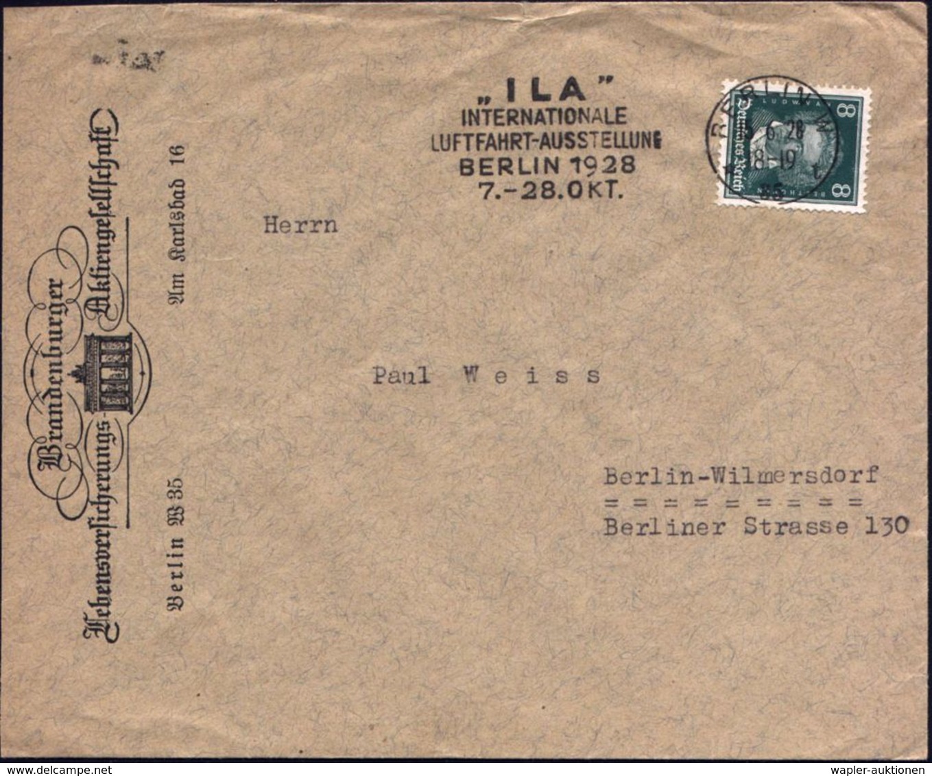 BERLIN W/ *35t/ "ILA"/ INTERNAT./ LUFTFAHRT-AUSSTELLUNG/ ..7.-28.OKT. 1928 (15.6.) MWSt, Seltene Type I = "t" Aufgebogen - Vliegtuigen