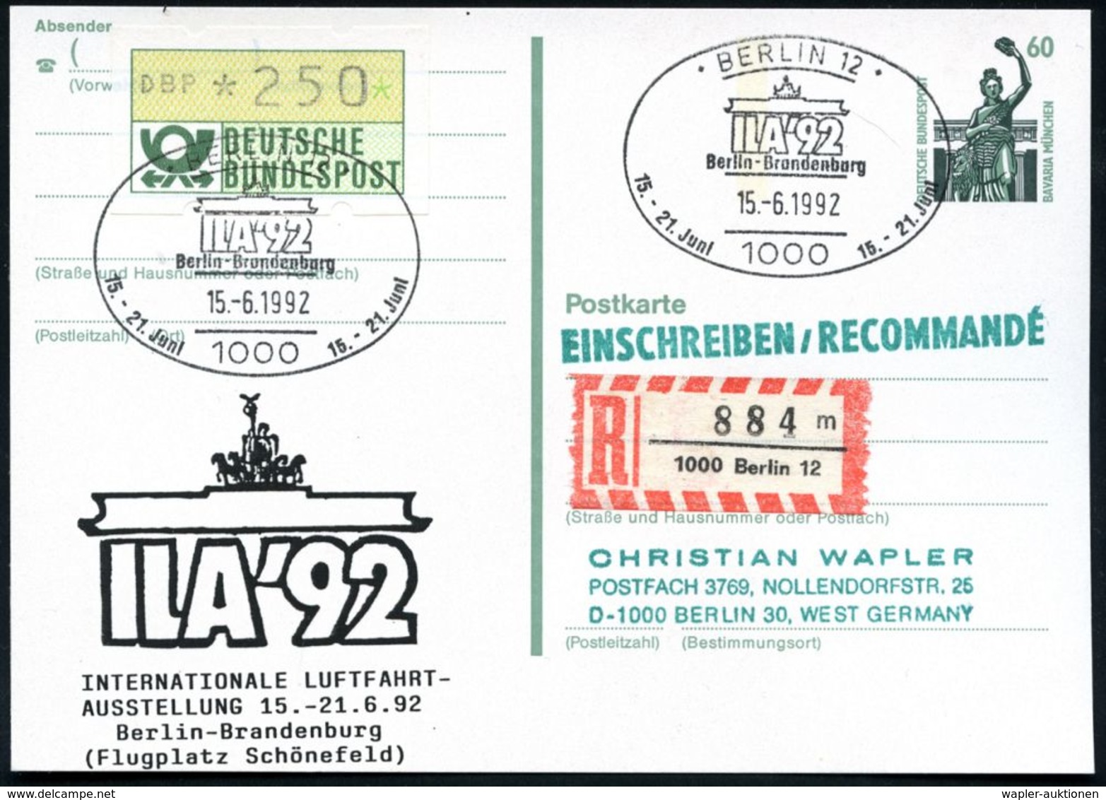 1000 BERLIN 12/ ILA'92/ Berlin-Brandenburg 1992 SSt = Stilis. Brandenbg. Tor (= Logo) Motivgl. PZD 60 Pf. Bavaria: INTER - Vliegtuigen