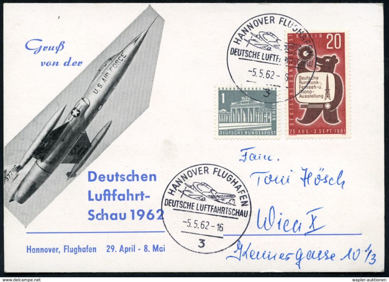 2 HANNOVER FLUGHAFEN/ DEUTSCHE LUFTFAHRTSCHAU 1962 (5.5.) SSt (2 Flugzeuge) Auf 20 Pf. Funk-Ausst. Berlin + 1 Pf. Brande - Vliegtuigen