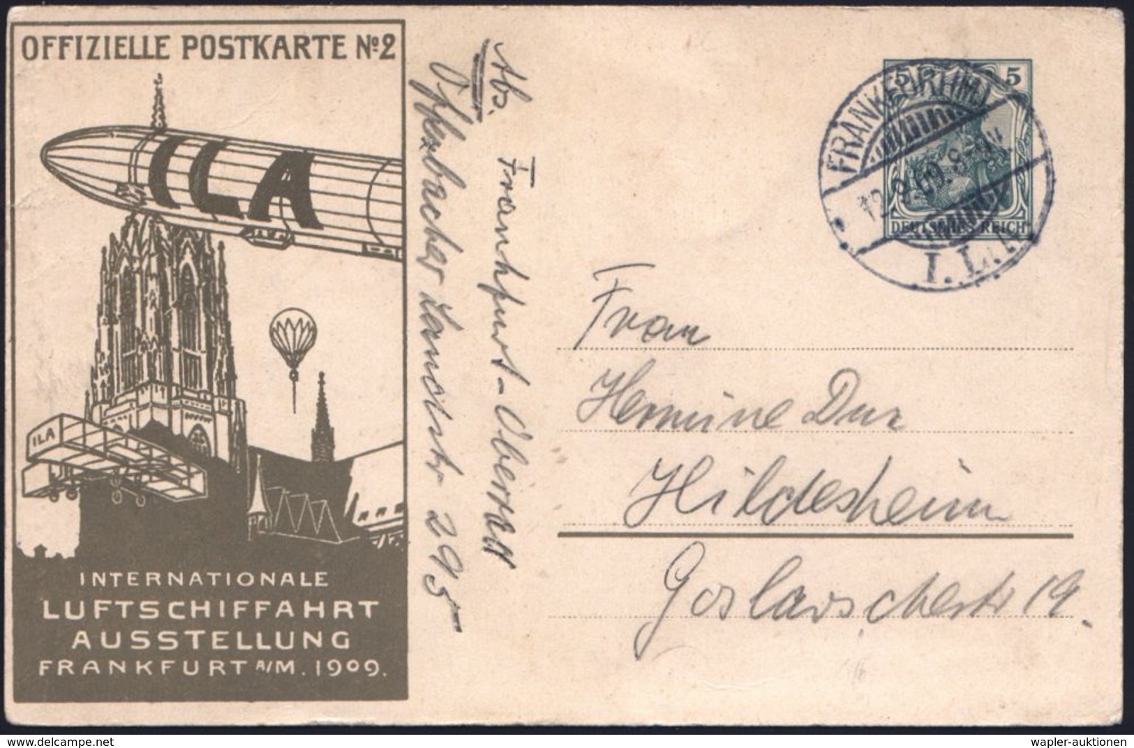 FRANKFURT (M)/ I.L.A. 1909 (12.9.) SSt ,Ty.I = Ohne Sterne Auf PP 5 Pf. Germania ,grün: I L A.. = Dom Mit Luftschiff, Ba - Avions