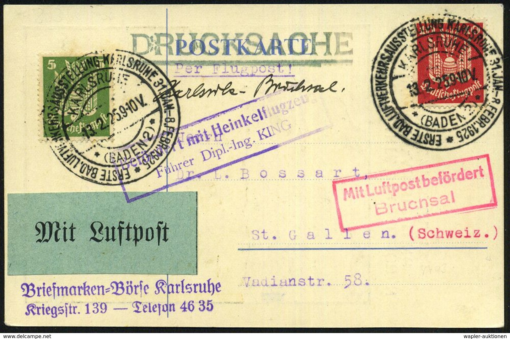 KARLSRUHE/ *(BADEN)2/ ERSTE BAD.LUFVERKEHRSAUSSTELLUNG 1925 (13.2.) Seltener SSt (Mi.J-98 + 30.- EUR) 2x Auf Taube 5 U.1 - Flugzeuge