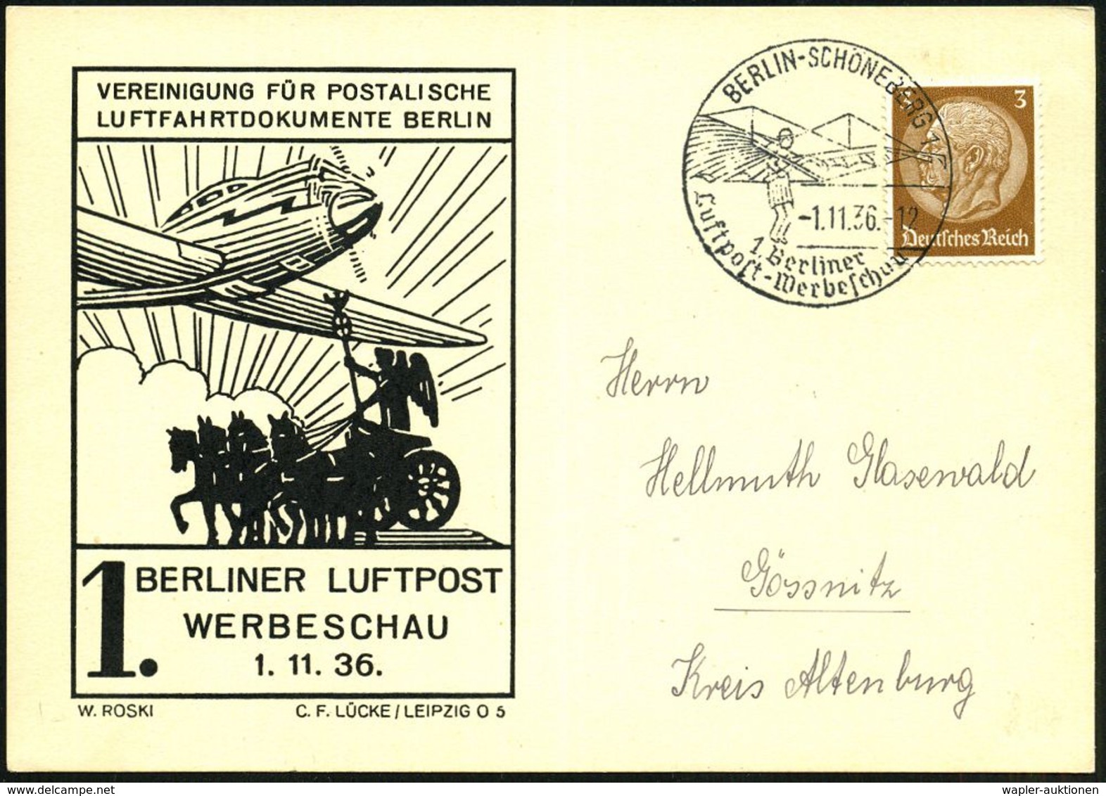 BERLIN-SCHÖNEBG.1/ 1.Berliner/ Luftpost-Werbeschau 1936 (1.11.) SSt = Lilienthal-Segel-Gleiter , Klar Gest. Ausst.-Sonde - Aerei