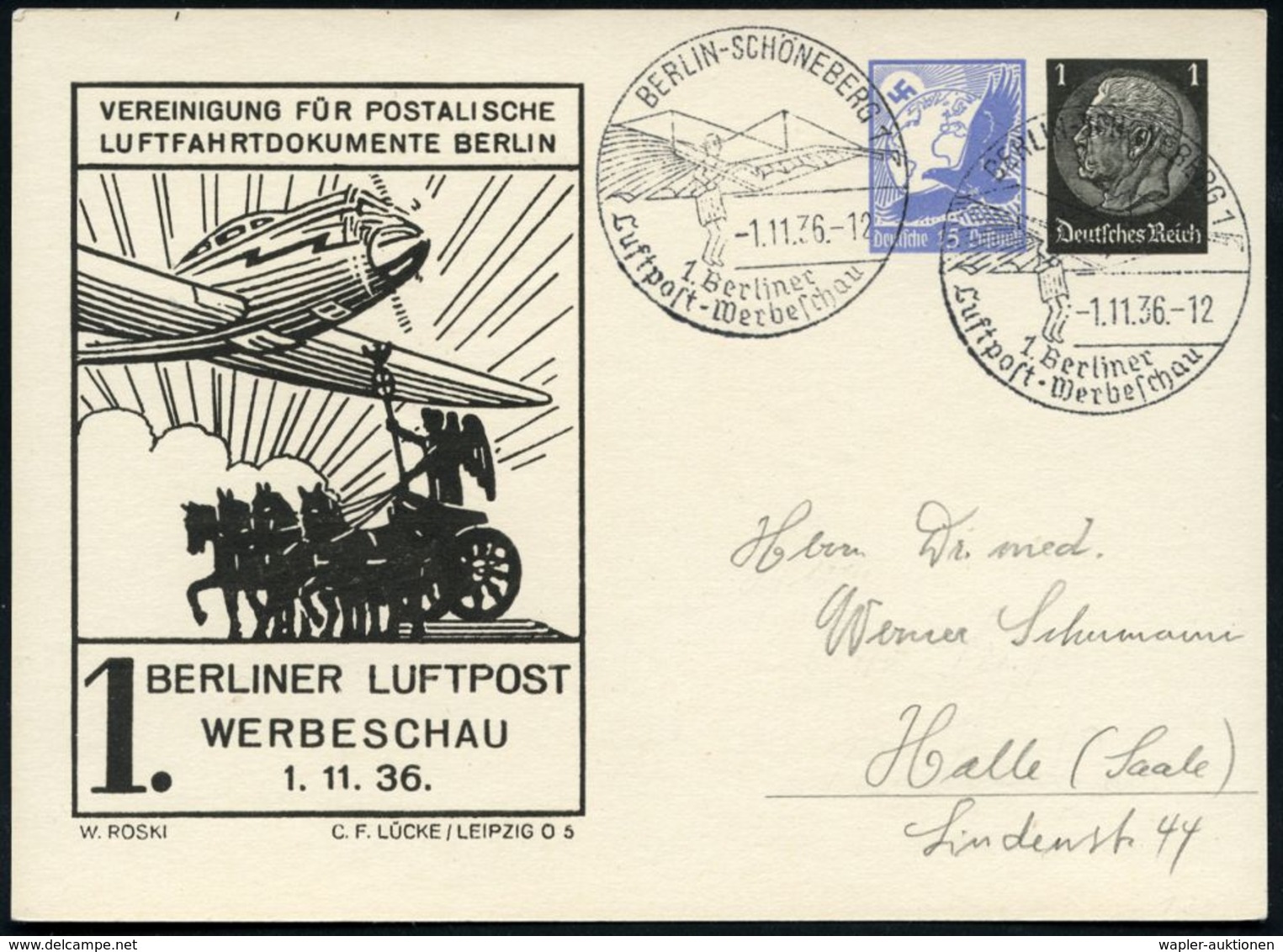 BERLIN-SCHÖNEBERG !/ 1.Berliner/ Luftpost-Werbeschau 1936 (1.11.) SSt = Lilienthal-Segel-Gleiter Auf PP 15 Pf. Adler + 1 - Flugzeuge
