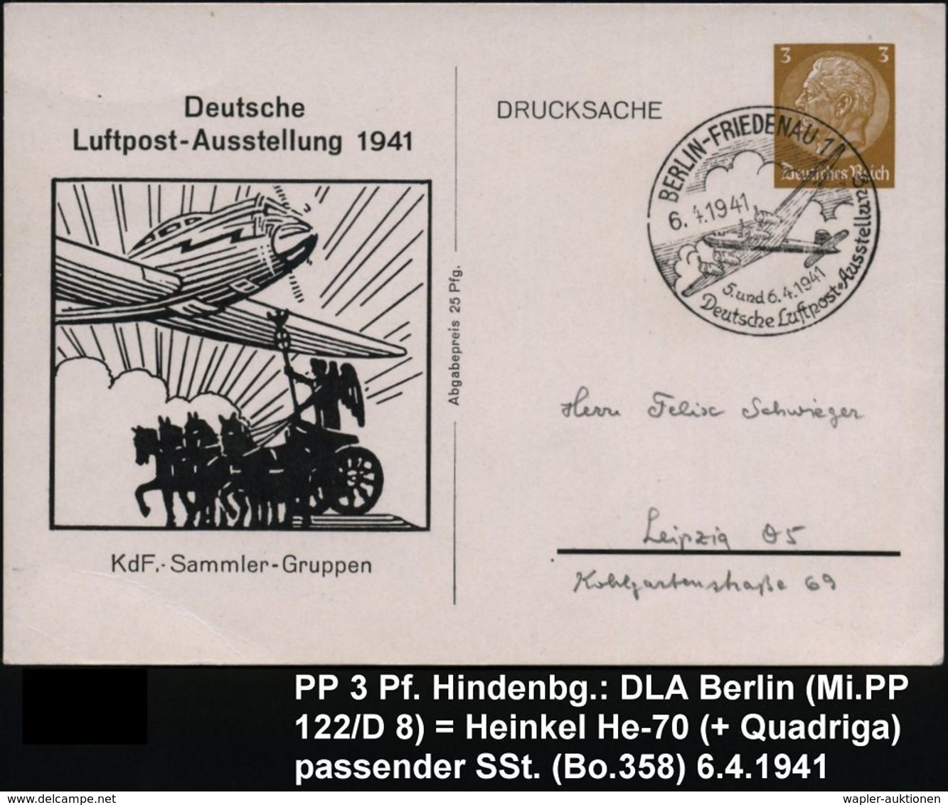 BERLIN-FRIEDENAU 1/ Deutsche Luftpost-Ausstellung 1941 (6.4.) Seltener SSt = Focke Wulf "Fw 200" Auf PP 3 Pf. Hindenbg., - Flugzeuge