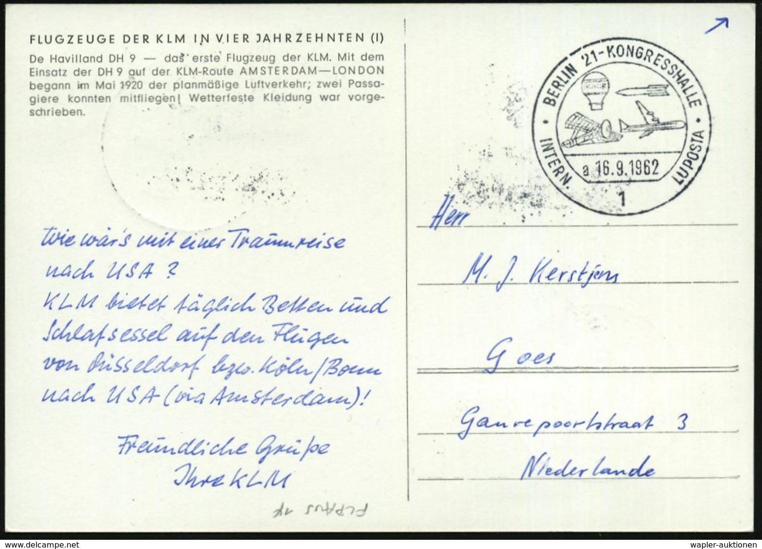 1 BERLIN 21-KONGRESSHALLE/ A/ INTERNAT.LUPOSTA 1962 (16.9.) SSt Auf 2x 1 Pf. Brandenbg. Tor, 15 U. 25 Pf. Mit Lochung "L - Vliegtuigen