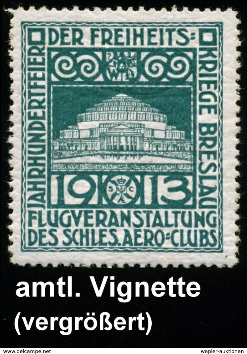 Breslau 1913 2 Verschied. Reklame-Vignetten, Grün U. Braun: FLUGVERANSTALTUNG DES SCHLES. AERO-CLUBS (Jahrhundert-feier  - Airplanes