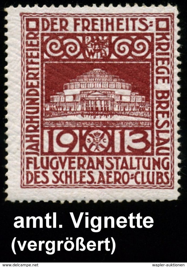 Breslau 1913 2 Verschied. Reklame-Vignetten, Grün U. Braun: FLUGVERANSTALTUNG DES SCHLES. AERO-CLUBS (Jahrhundert-feier  - Airplanes