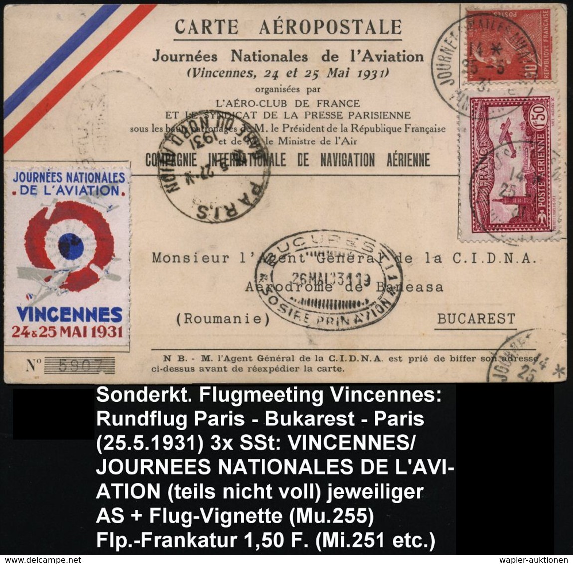 FRANKREICH 1931 (25.5.) SSt: VINCENNES/JOURNEES NATles AVIATION (2x, Z.T. Etw.undeutl.) Auf Flp. 1,50 Fr. (Mi.251 U.a.)  - Avions