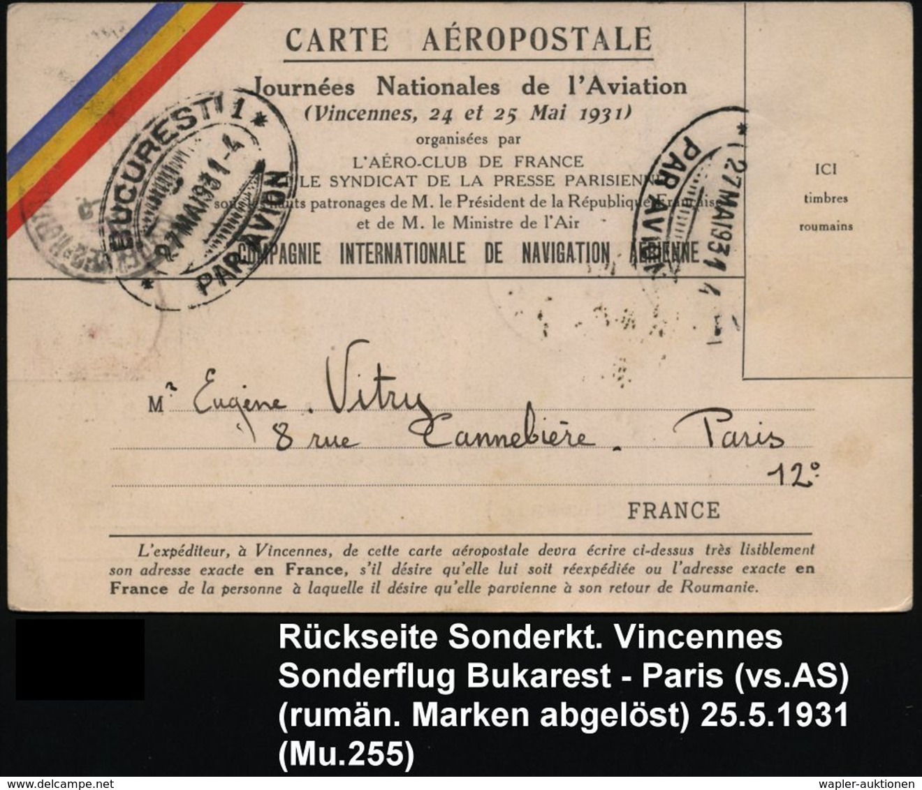 FRANKREICH 1931 (25.5.) SSt: VINCENNES/JOURNEES NATles AVIATION (2x, Z.T. Etw.undeutl.) Auf Flp. 1,50 Fr. (Mi.251 U.a.)  - Vliegtuigen