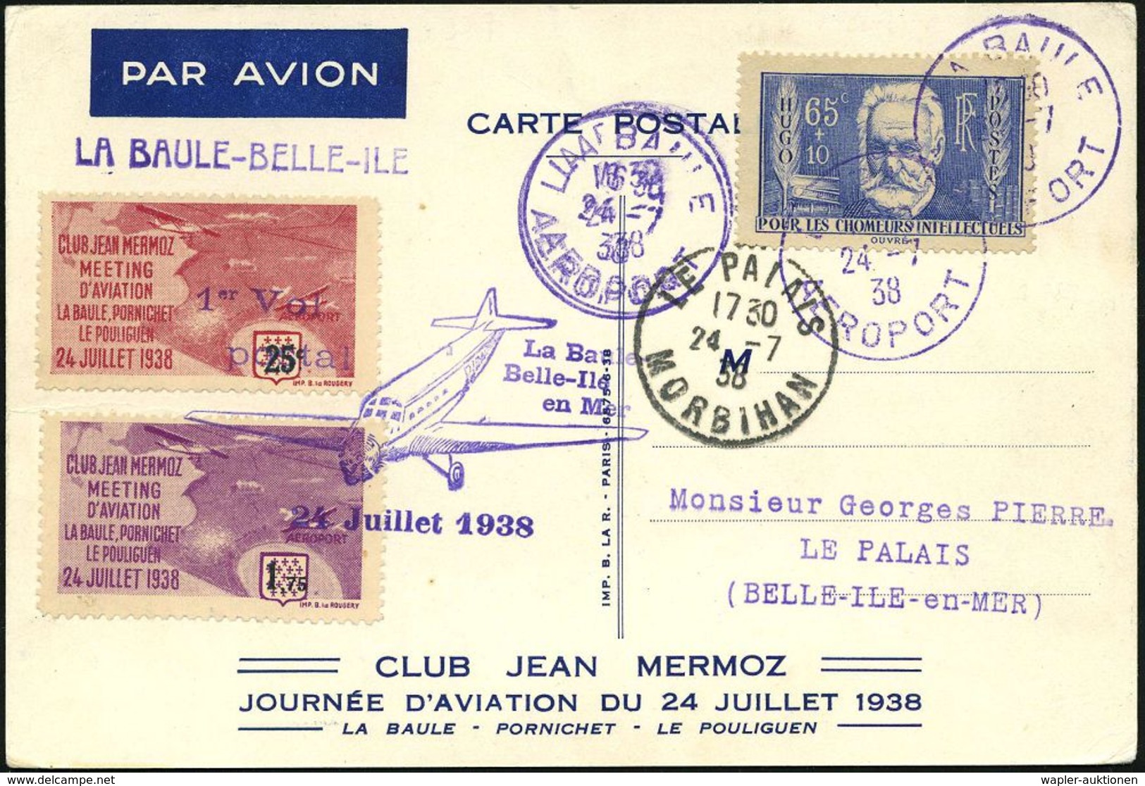 FRANKREICH 1938 (24.7.) Viol. 1K: LA BAULE/AEROPORT ,blaue Sonder-Kt.: CLUB JEAN MERMOZ/JOURNEE D'AVIATION.. + 2 Vign.:  - Vliegtuigen