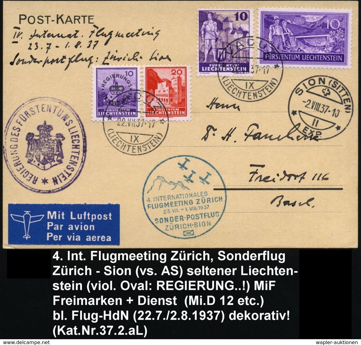 LIECHTENSTEIN /  SCHWEIZ 1937 (28.7.) 4. Internat. Flugmeeting Zürich, Zuleitung Von Liechtenstein Zum Sonderflug Zürich - Aerei