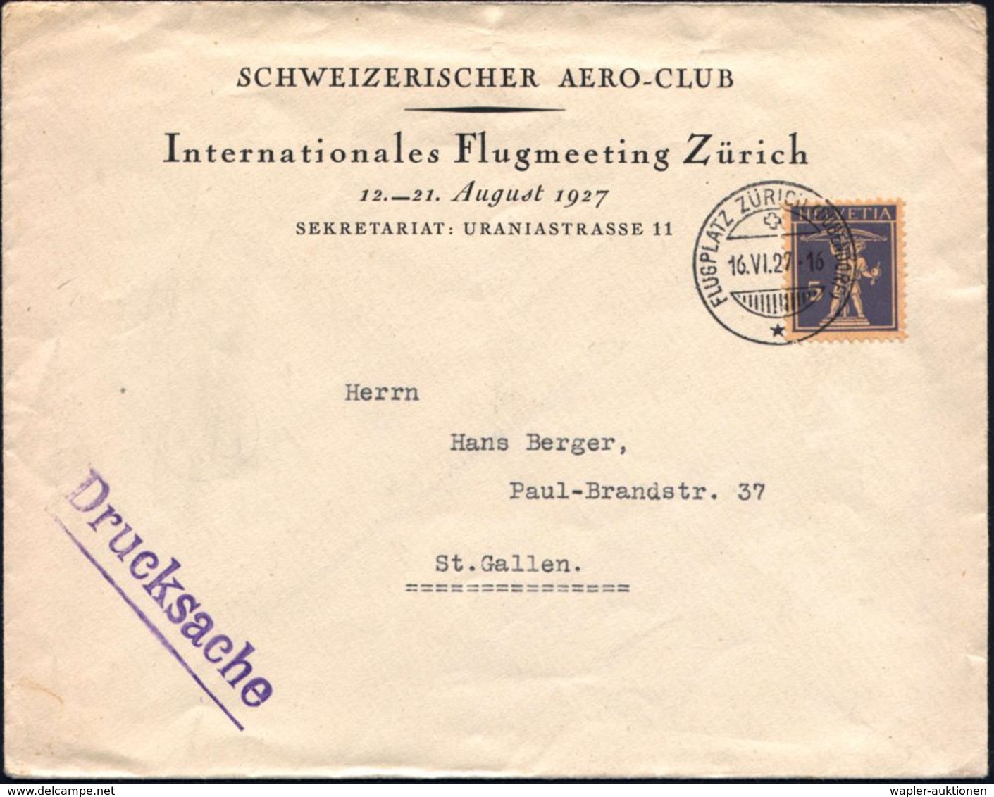 SCHWEIZ 1927 (16.6.) 1K-Gitter: FLUGPLATZ ZÜRICH (DÜBENDORF)/* , Klar Gest. Organisations-SU: SCHWEIZ. AERO-CLUB/ Intern - Aerei