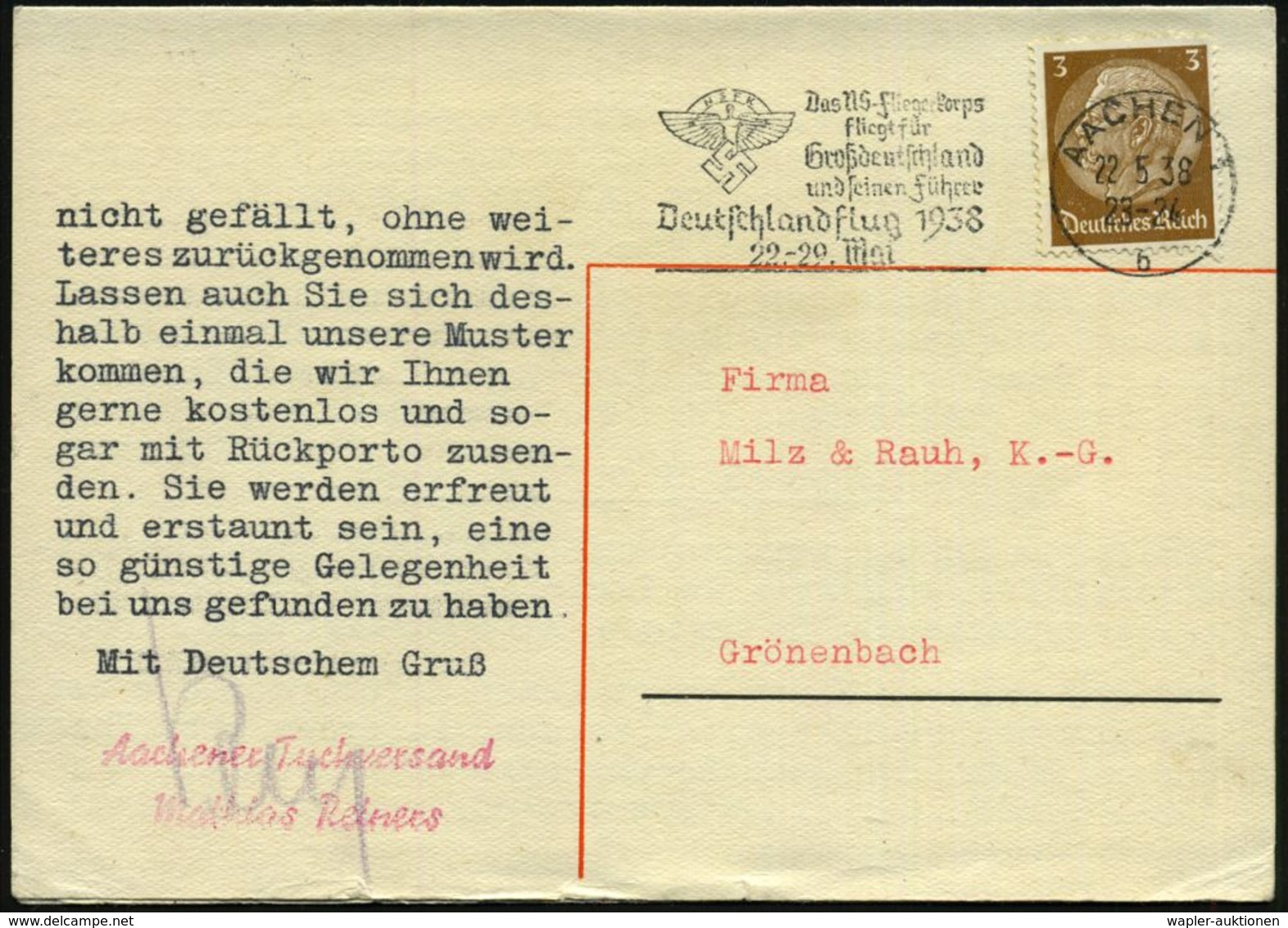 AACHEN 1/ B/ NSFK/ Das NS-Fliegerkorps../ Deutschlandflug 1938/ 22.-29.Mai 1938 (22.5.) Seltener AFS = I K A R U S (= Lo - Vliegtuigen