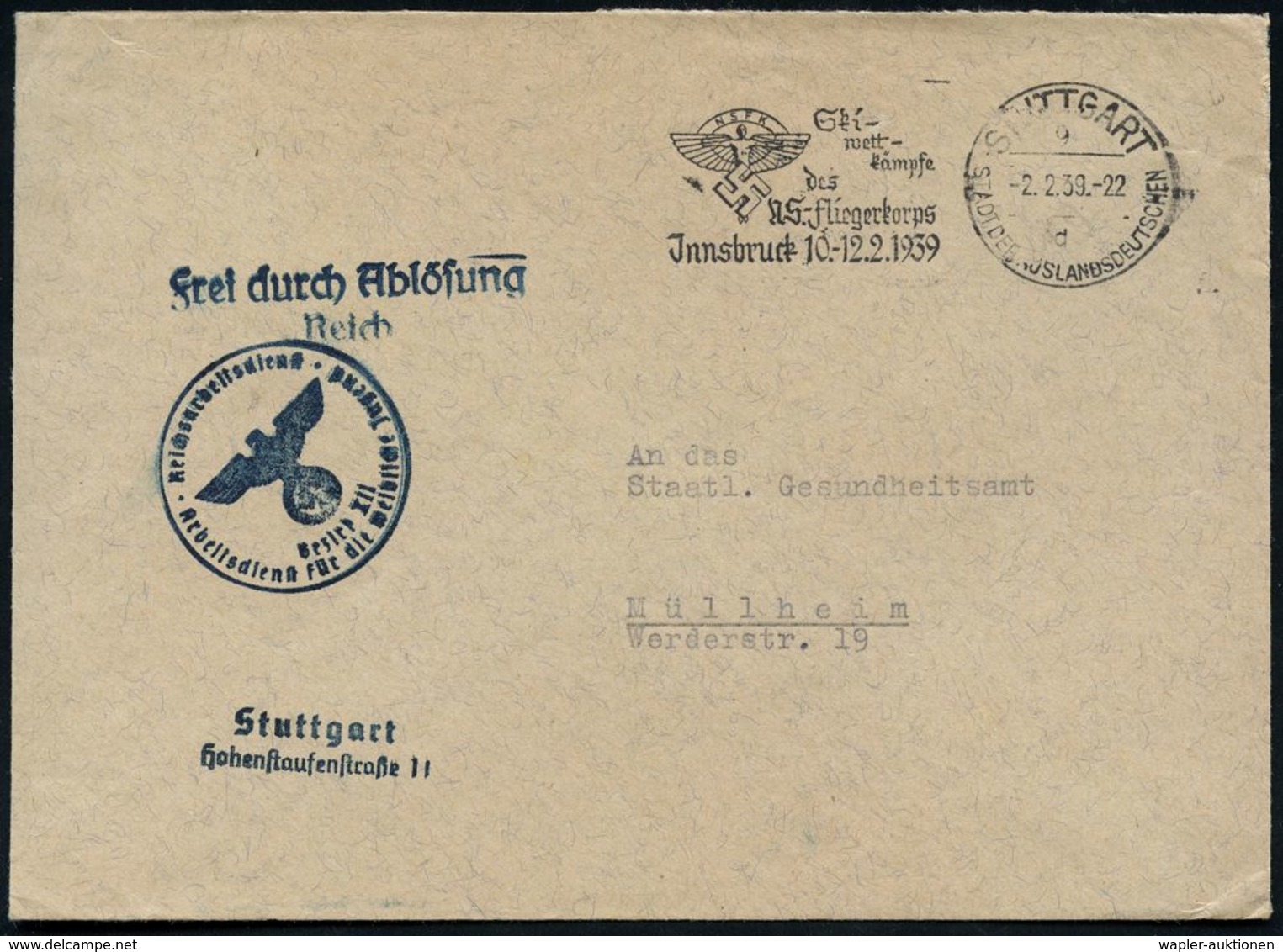 STUTTGART/ 9/ D/ SDA/ NSFK/ Ski-/ Wett-/ Kämpfe/ Des/ NS-Fliegerkorps/ Jnnsbruck 10.-12.2. 1939 (3.2.) Seltener MWSt = I - Avions