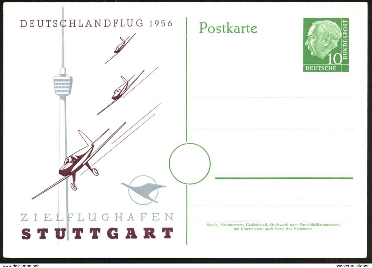 Stuttgart 1957 (Juni) PP 10 Pf. Heuss I, Grün: DEUTSCHLANDFLUG 1956 ZIELFLUGHAFEN STUTTGART, Kompl. Satz: 3 Sport-Flugze - Avions