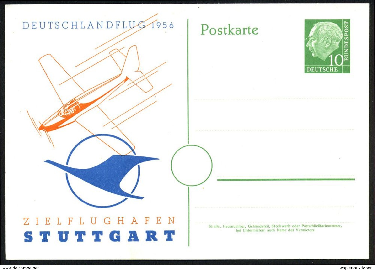 Stuttgart 1957 (Juni) PP 10 Pf. Heuss I, Grün: DEUTSCHLANDFLUG 1956 ZIELFLUGHAFEN STUTTGART, Kompl. Satz: 3 Sport-Flugze - Vliegtuigen