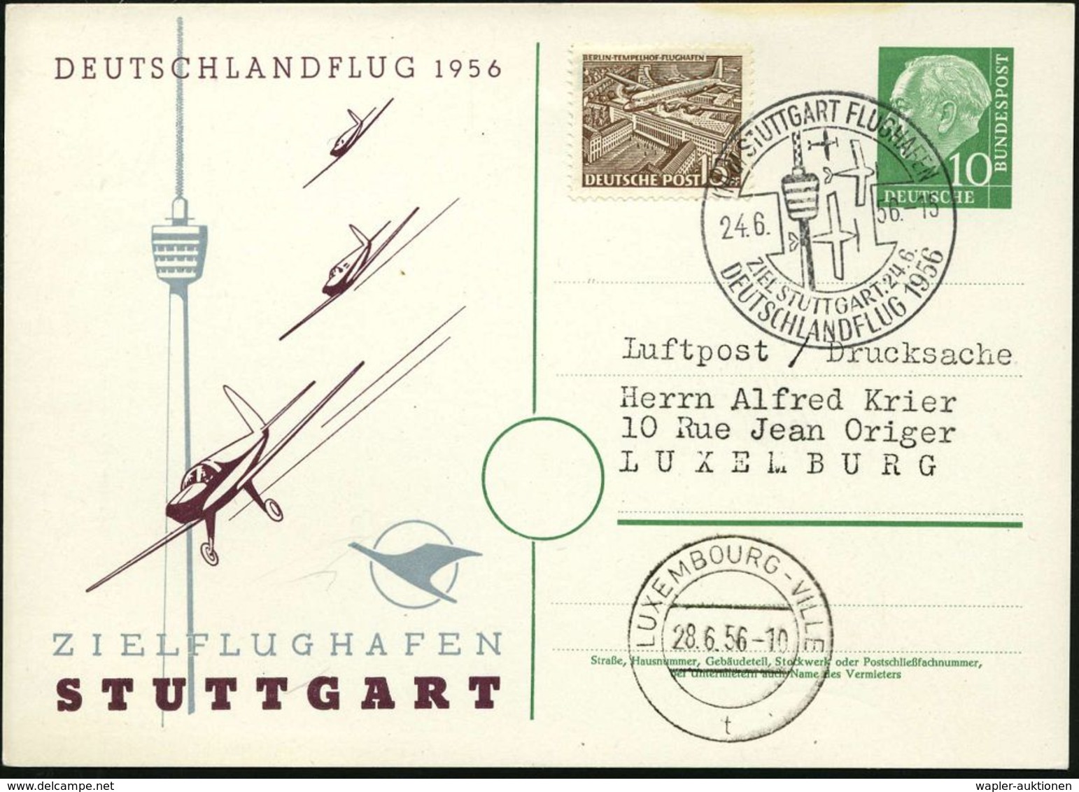 (14a) STUTTGART FLUGHAFEN/ ..DEUTSCHLANDFLUG 1956 (24.6.) SSt (TV-Turm, 3 Sport-Flugzeuge) Motivähnl. PP 10 Pf. Heuss I: - Vliegtuigen