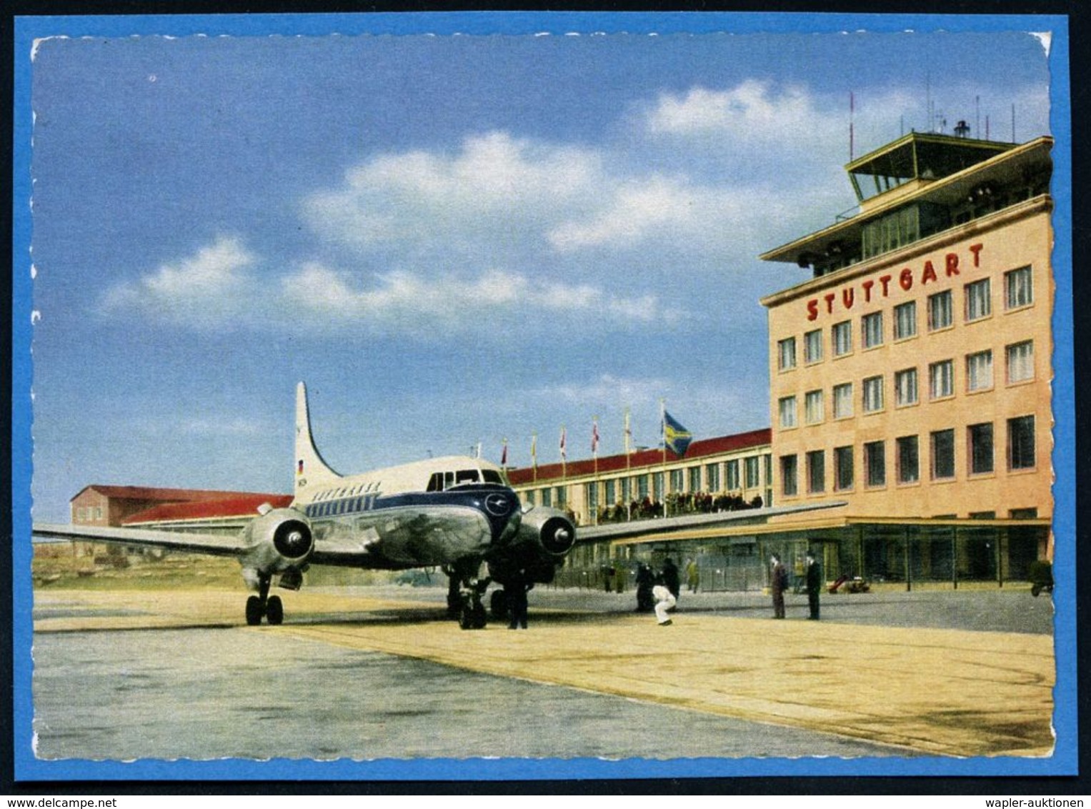 (14a) STUTTGART FLUGHAFEN/ ..DEUTSCHLANDFLUG 1956 (24.6.) SSt (TV-Turm, 3 Sport-Flugzeuge) Motivähnl. PP 10 Pf. Heuss I: - Flugzeuge