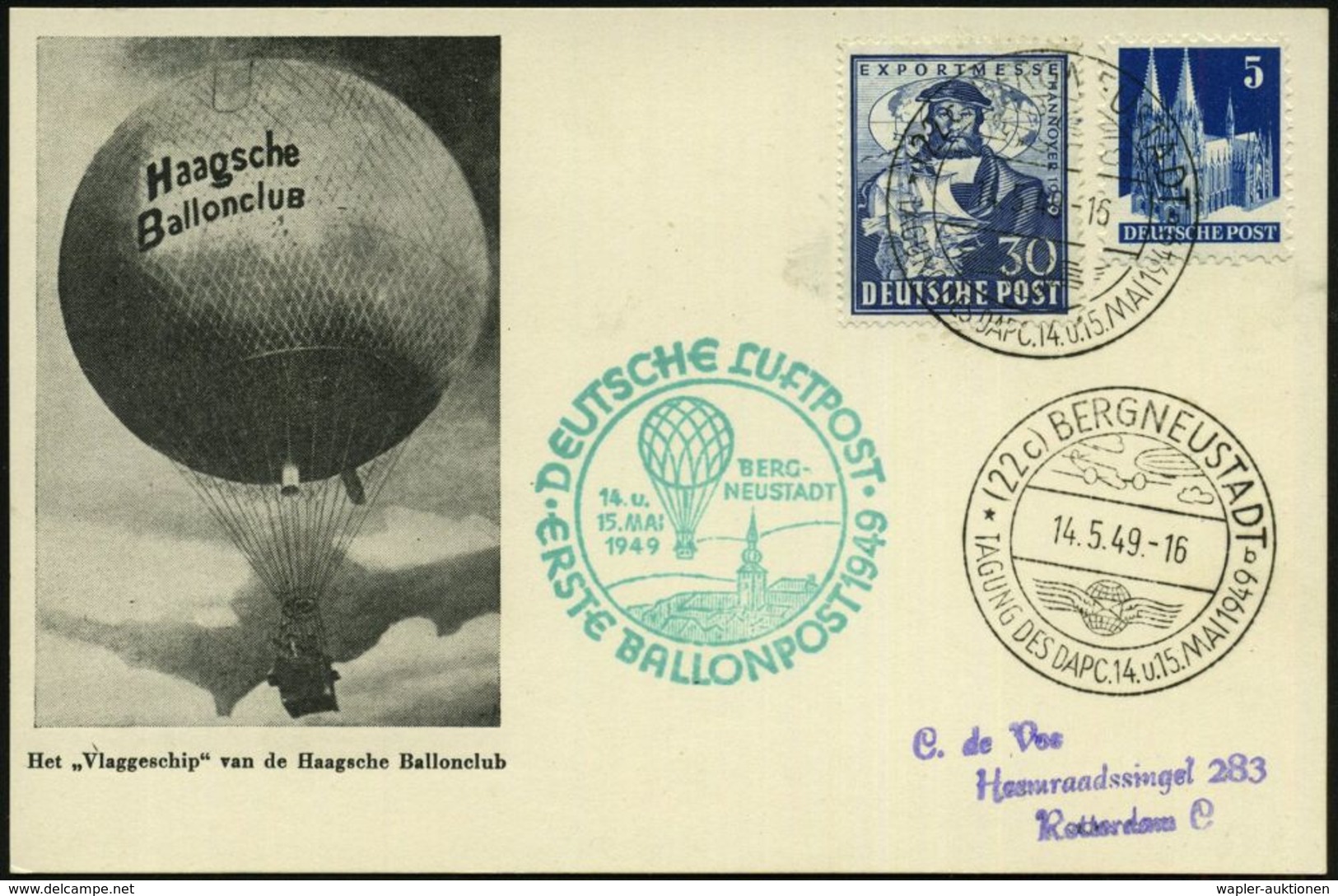 (22c) BERGNEUSTADT/ TAGUNG DES DAPC 1949 (14.5.) SSt Auf 30 Pf. Hannover-Messe + 5 Pf. Bauten (Mi.75, 105, + 16,50 EUR)  - Luchtballons